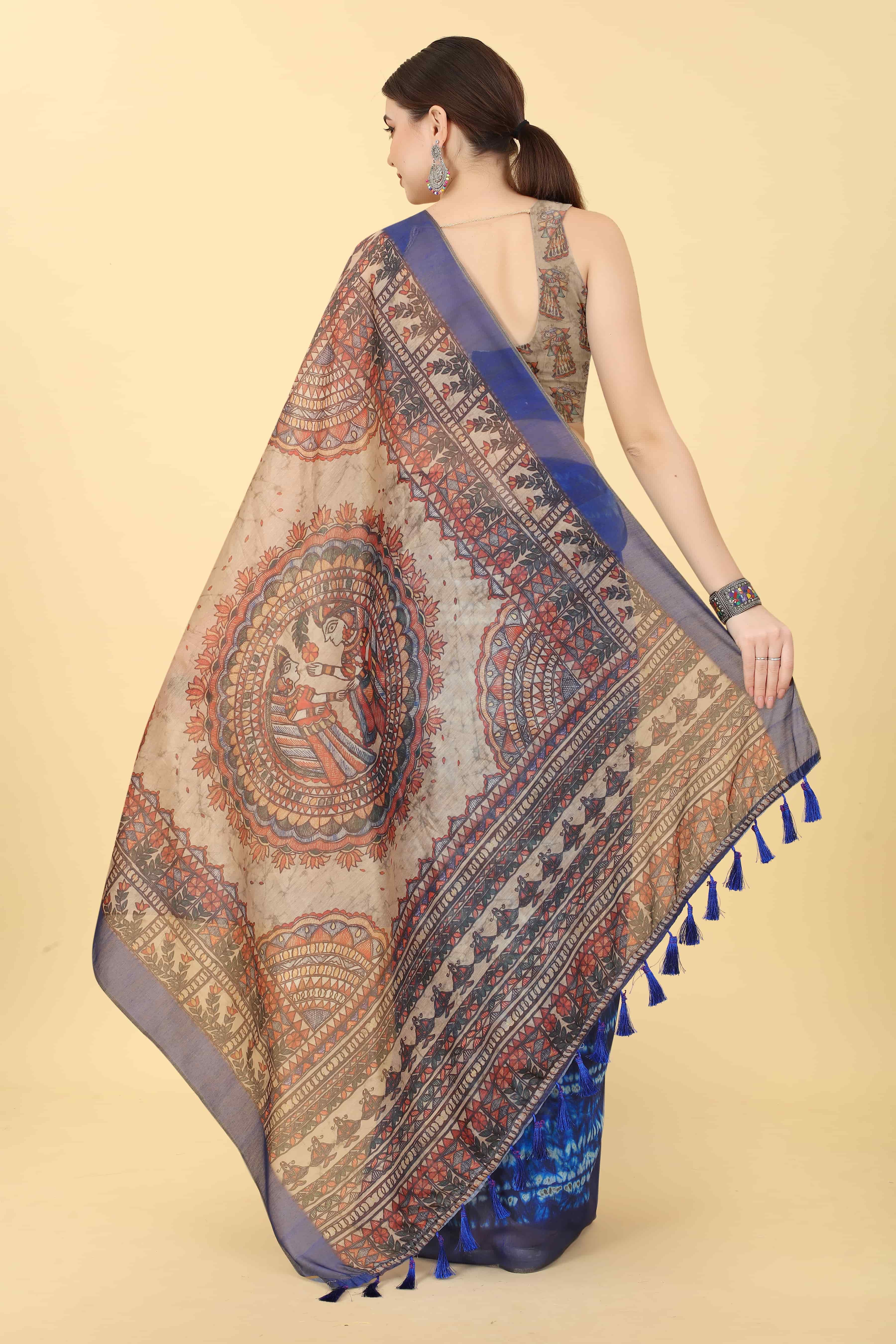 Kalamkari Digital Printed Indigo Saree