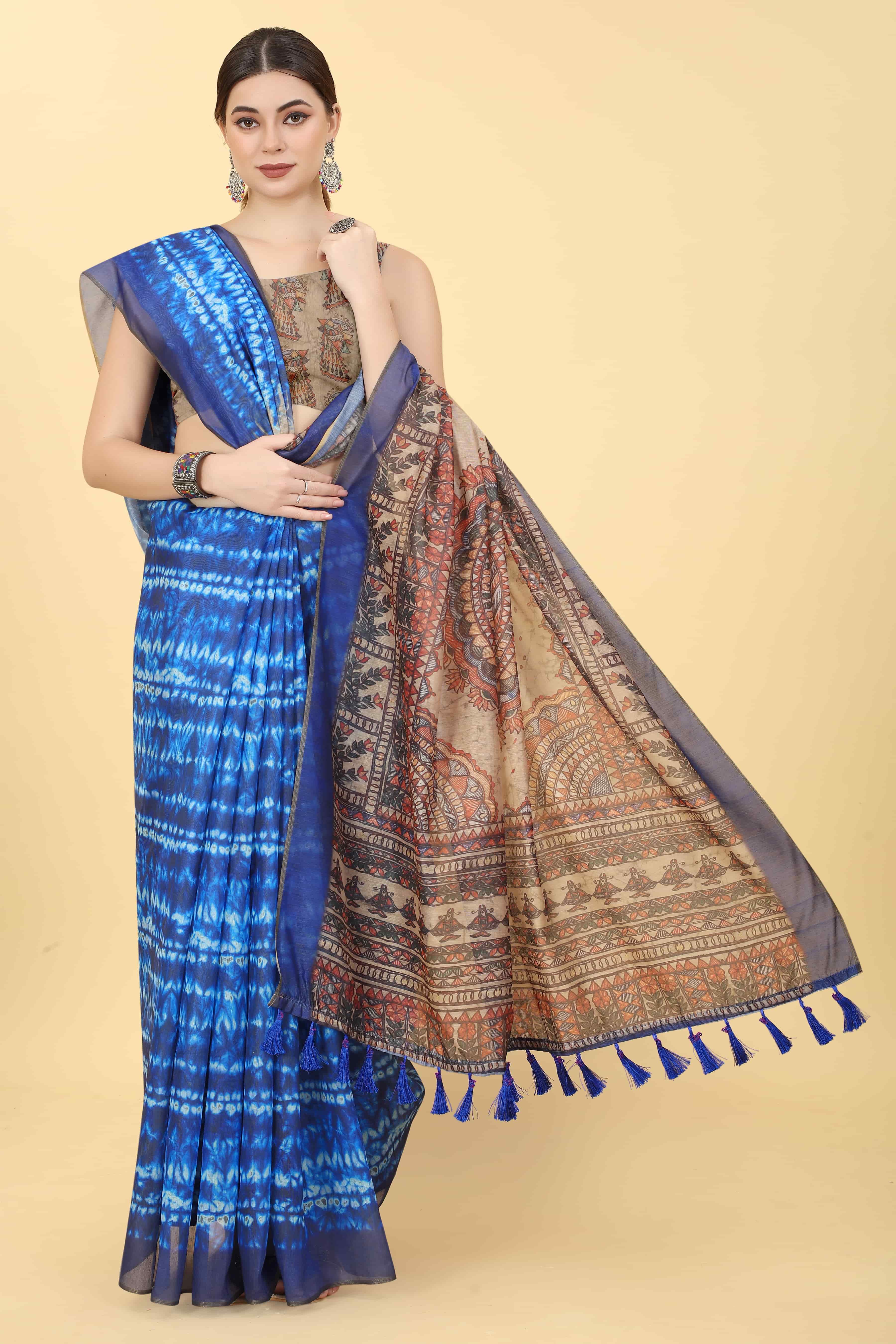 Kalamkari Digital Printed Indigo Saree