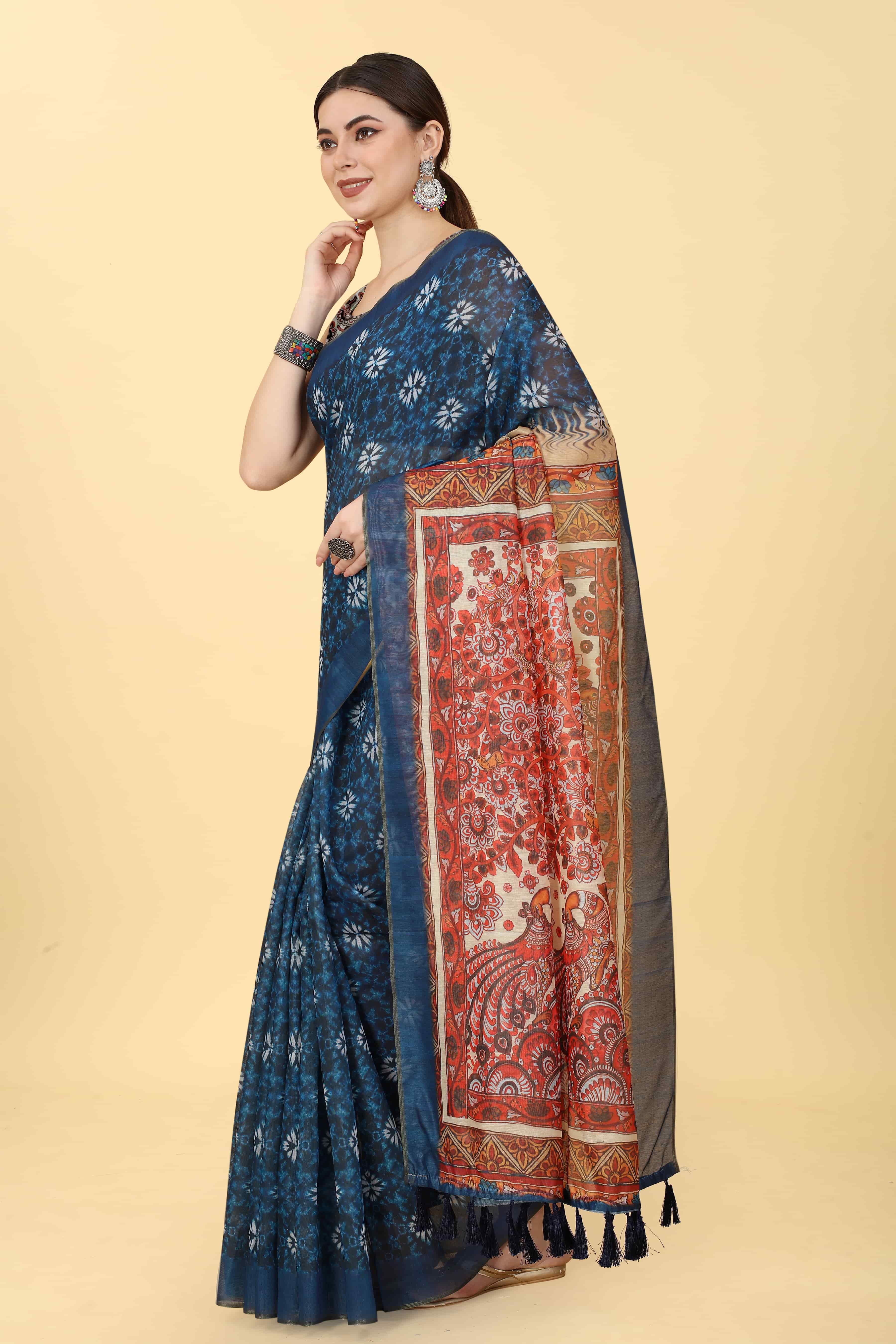 Kalamkari Digital Printed Indigo Saree