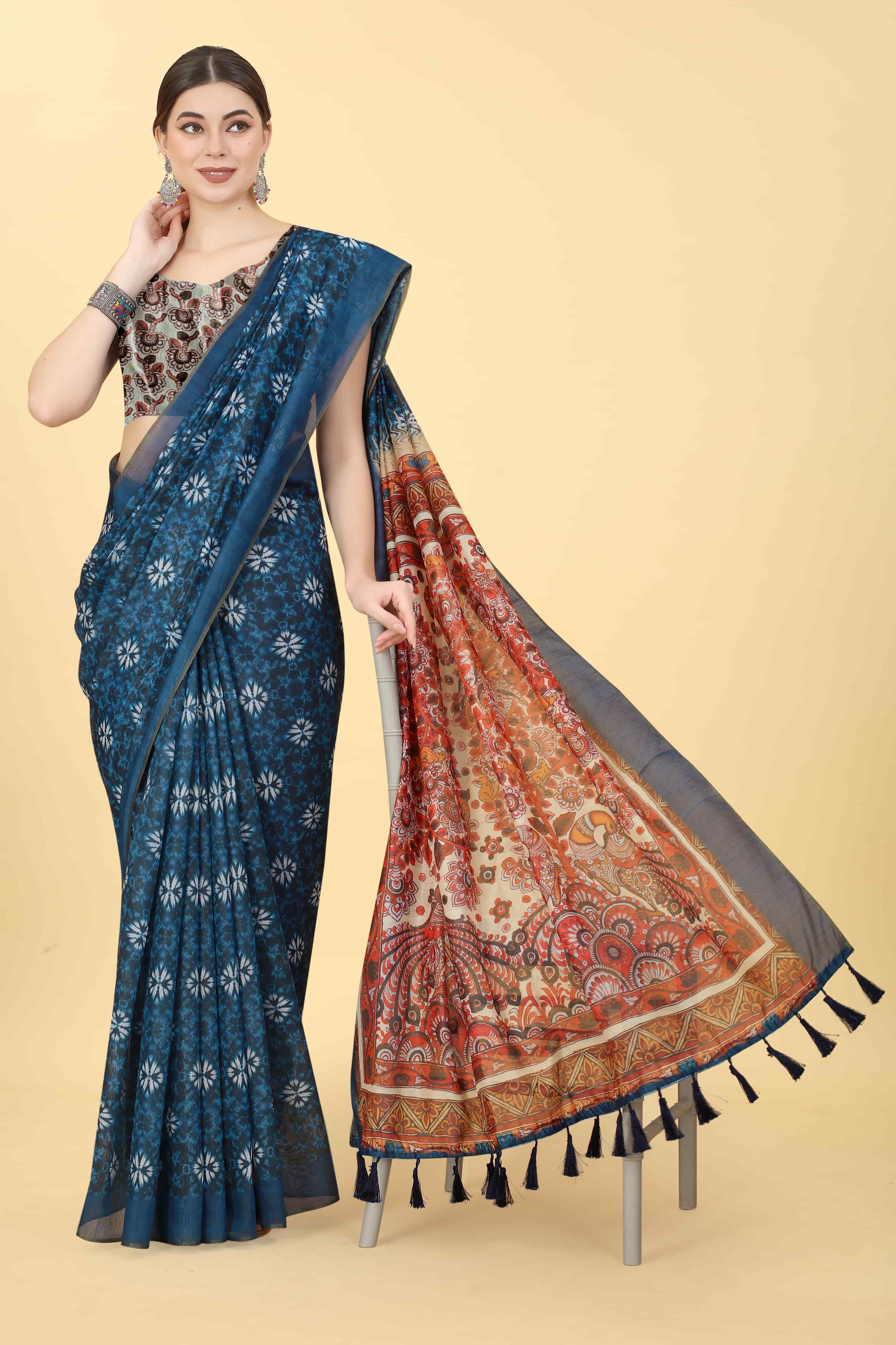 Kalamkari Digital Printed Indigo Saree