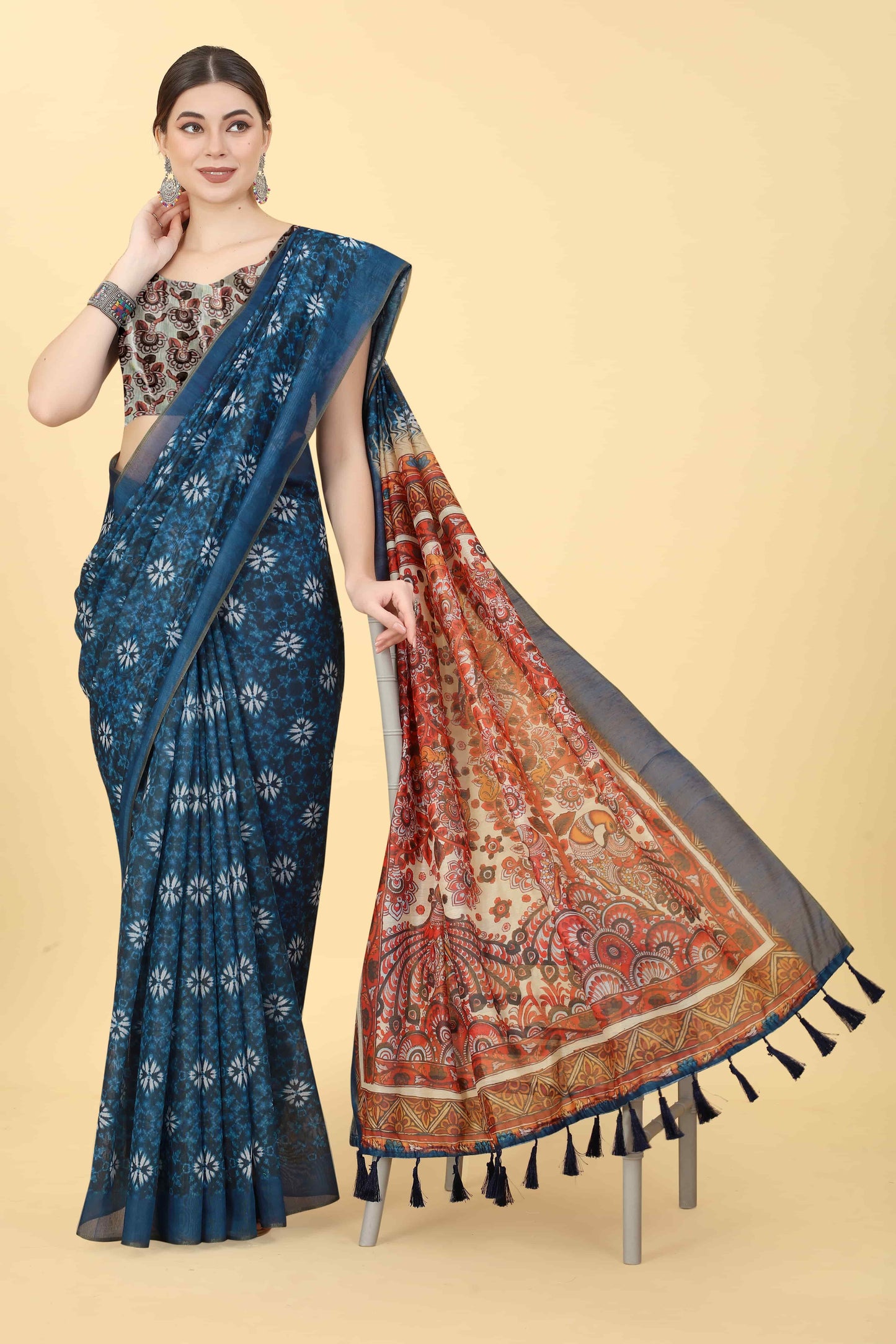 Kalamkari Digital Printed Indigo Saree