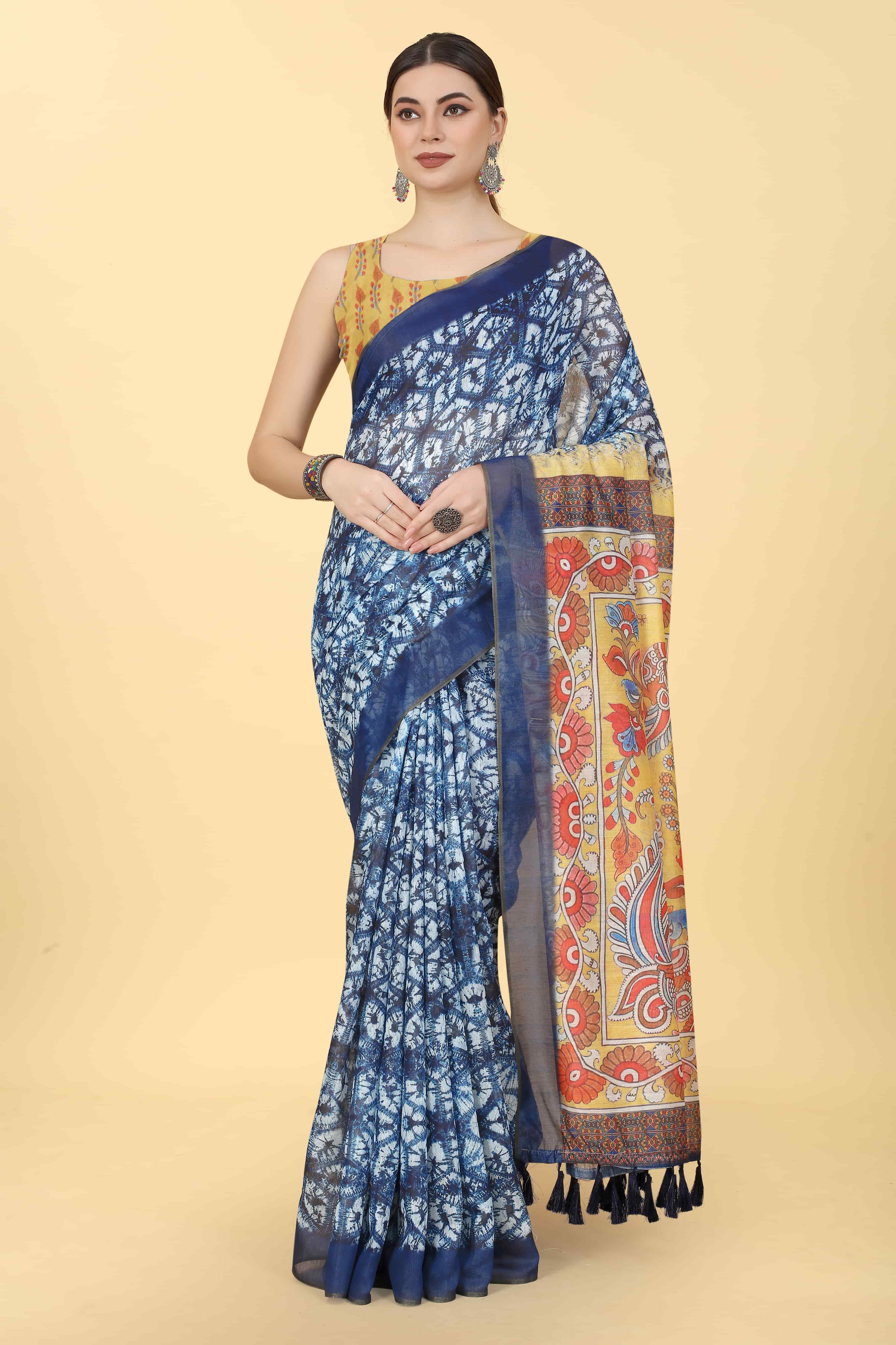 Kalamkari Digital Printed Indigo Saree