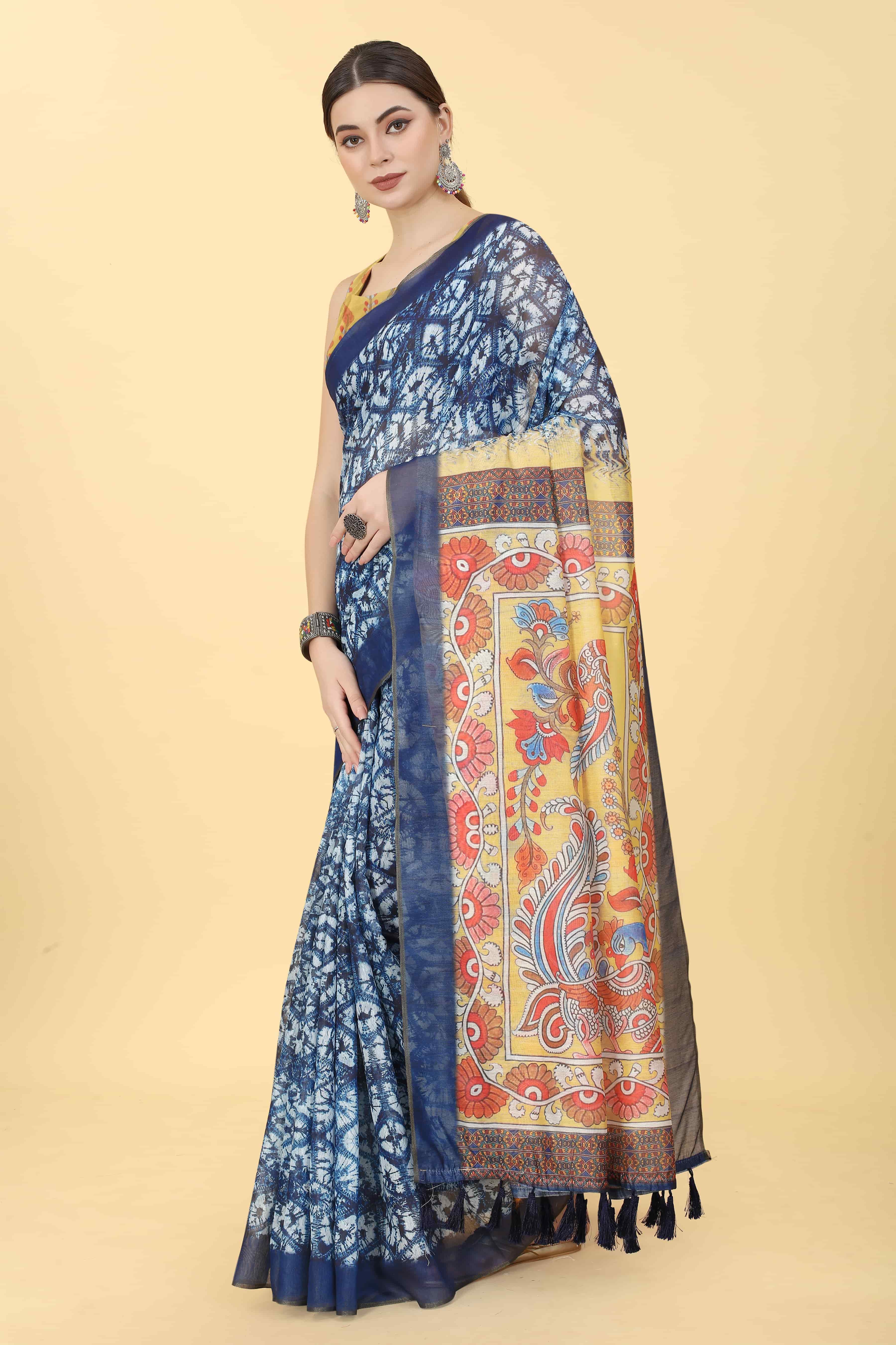 Kalamkari Digital Printed Indigo Saree