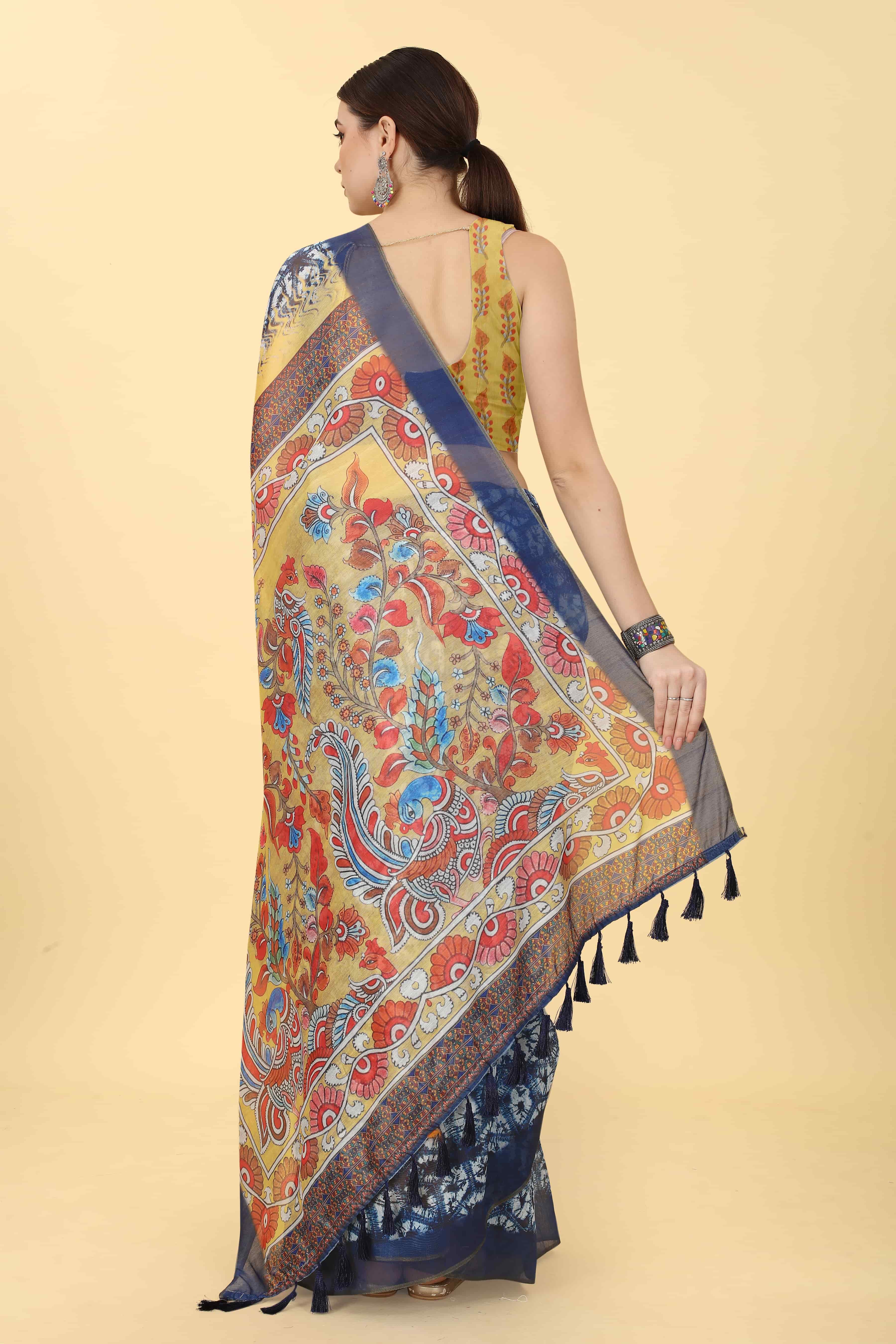 Kalamkari Digital Printed Indigo Saree
