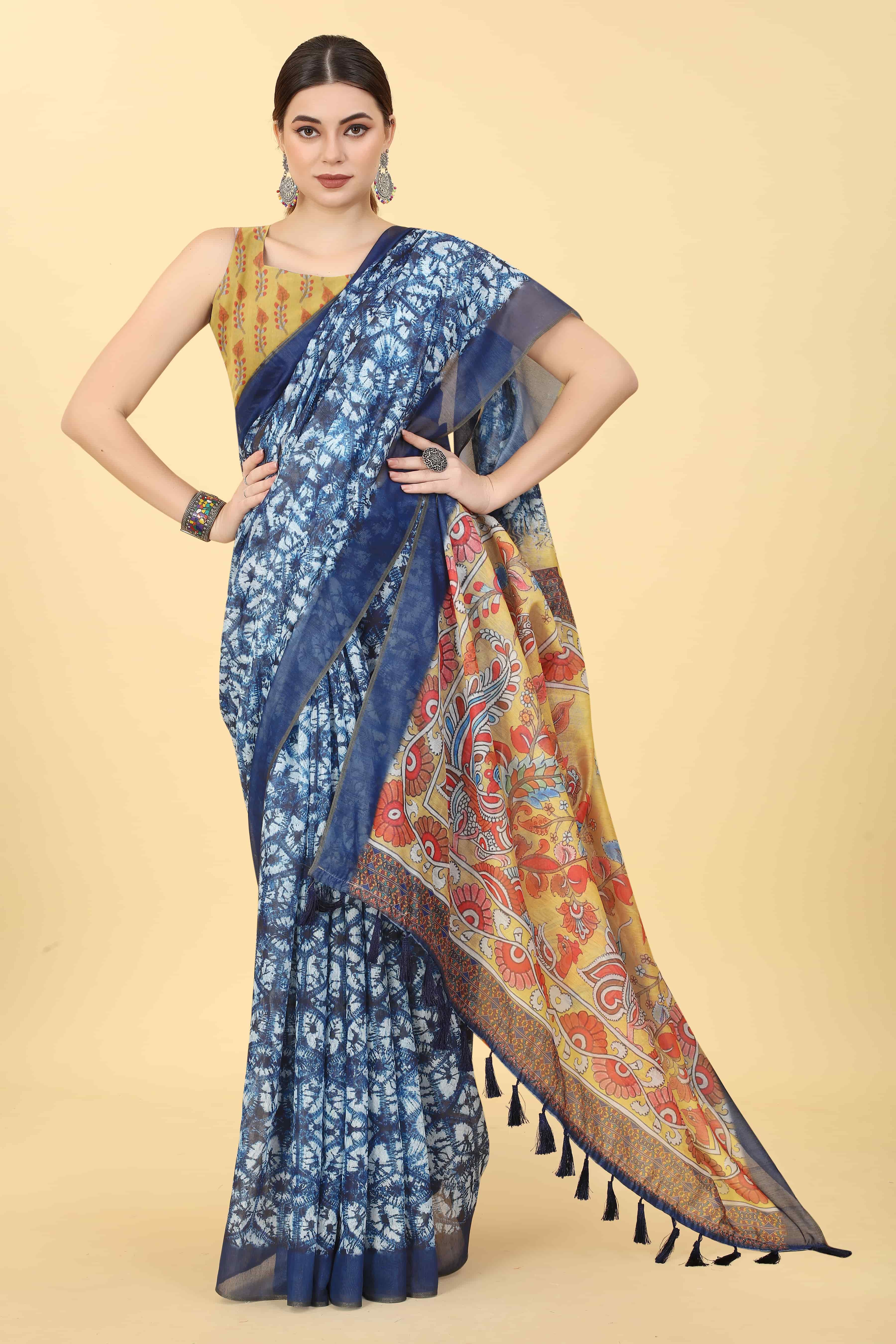 Kalamkari Digital Printed Indigo Saree