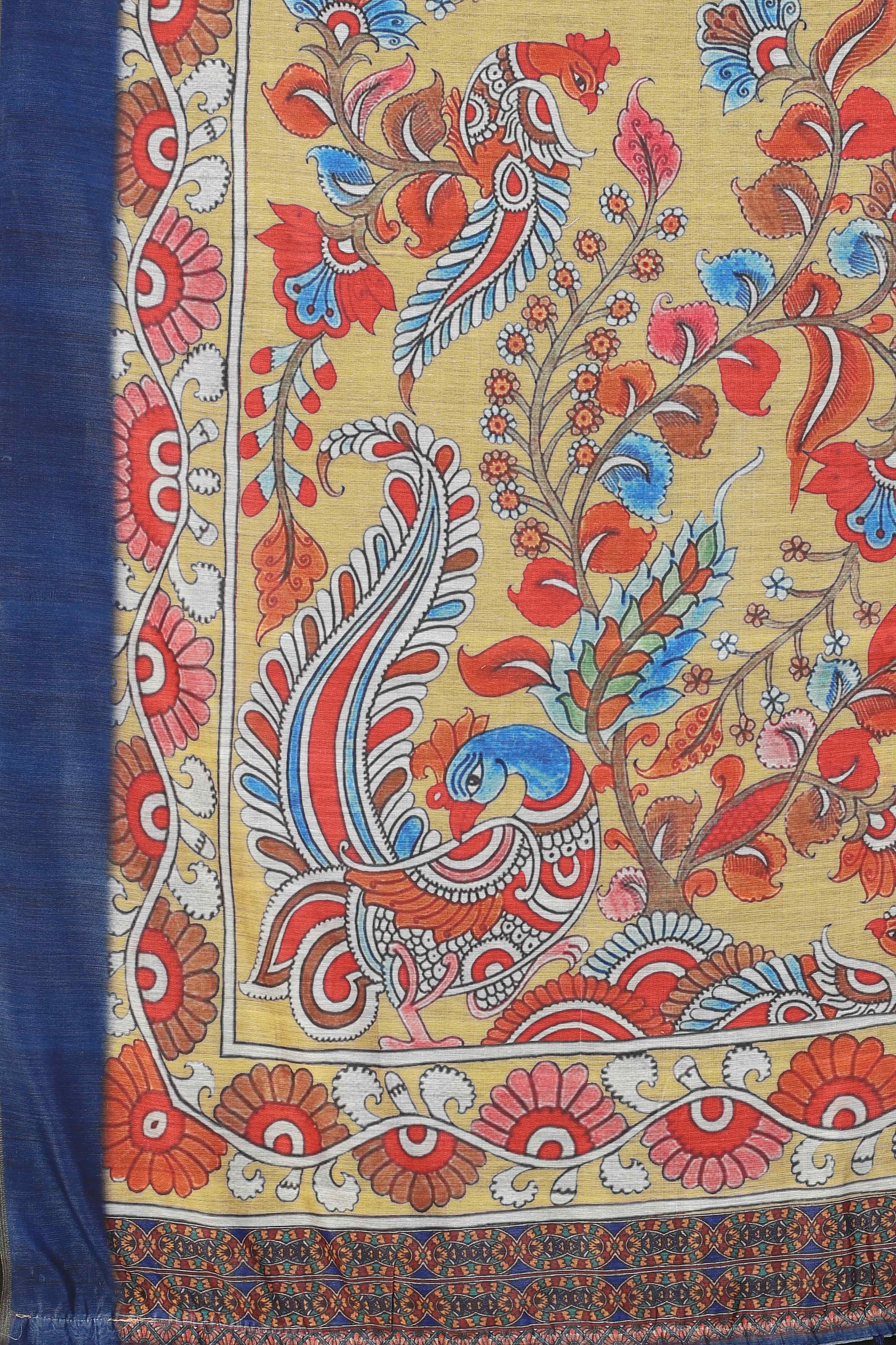 Kalamkari Digital Printed Indigo Saree
