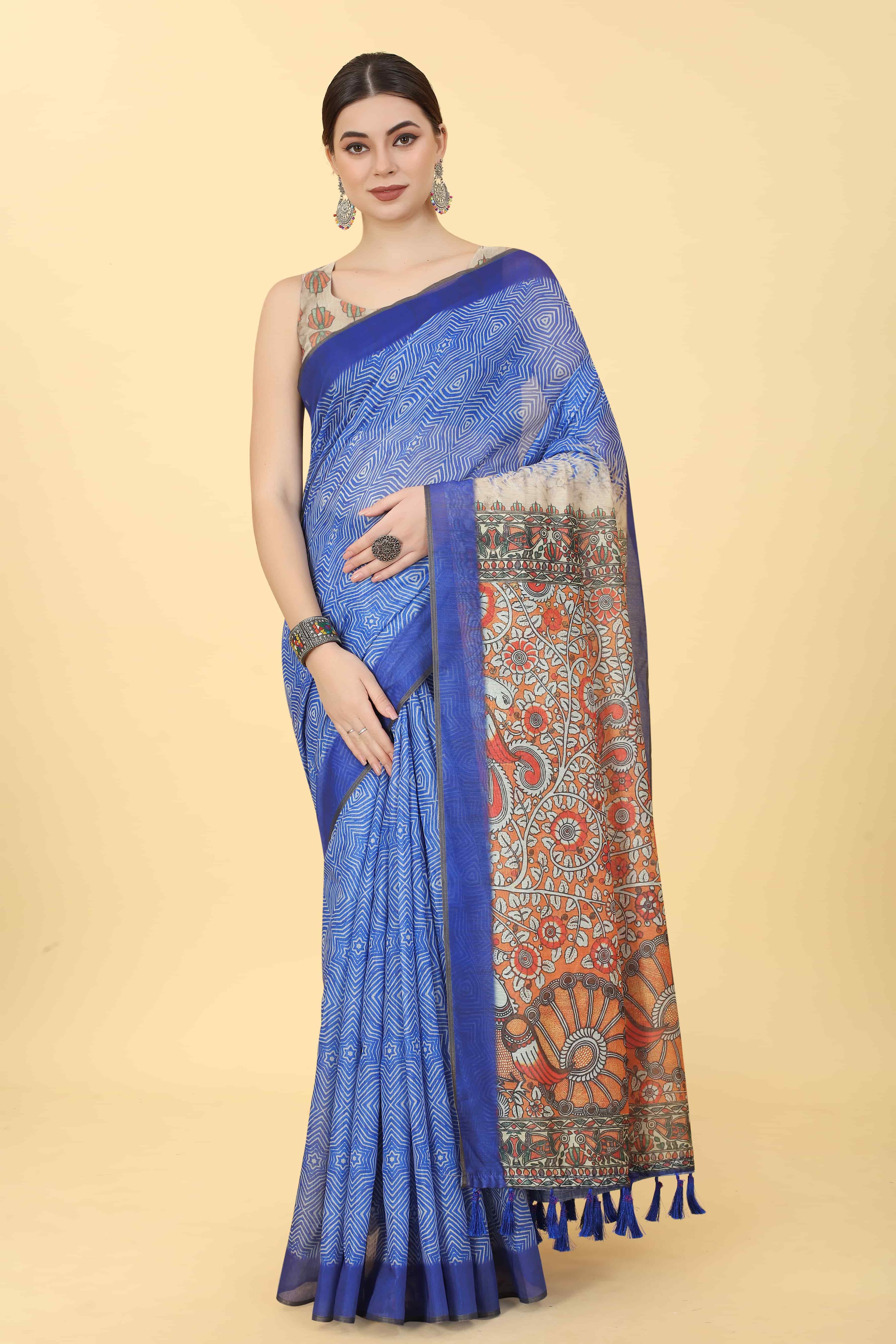 Kalamkari Digital Printed Indigo Saree
