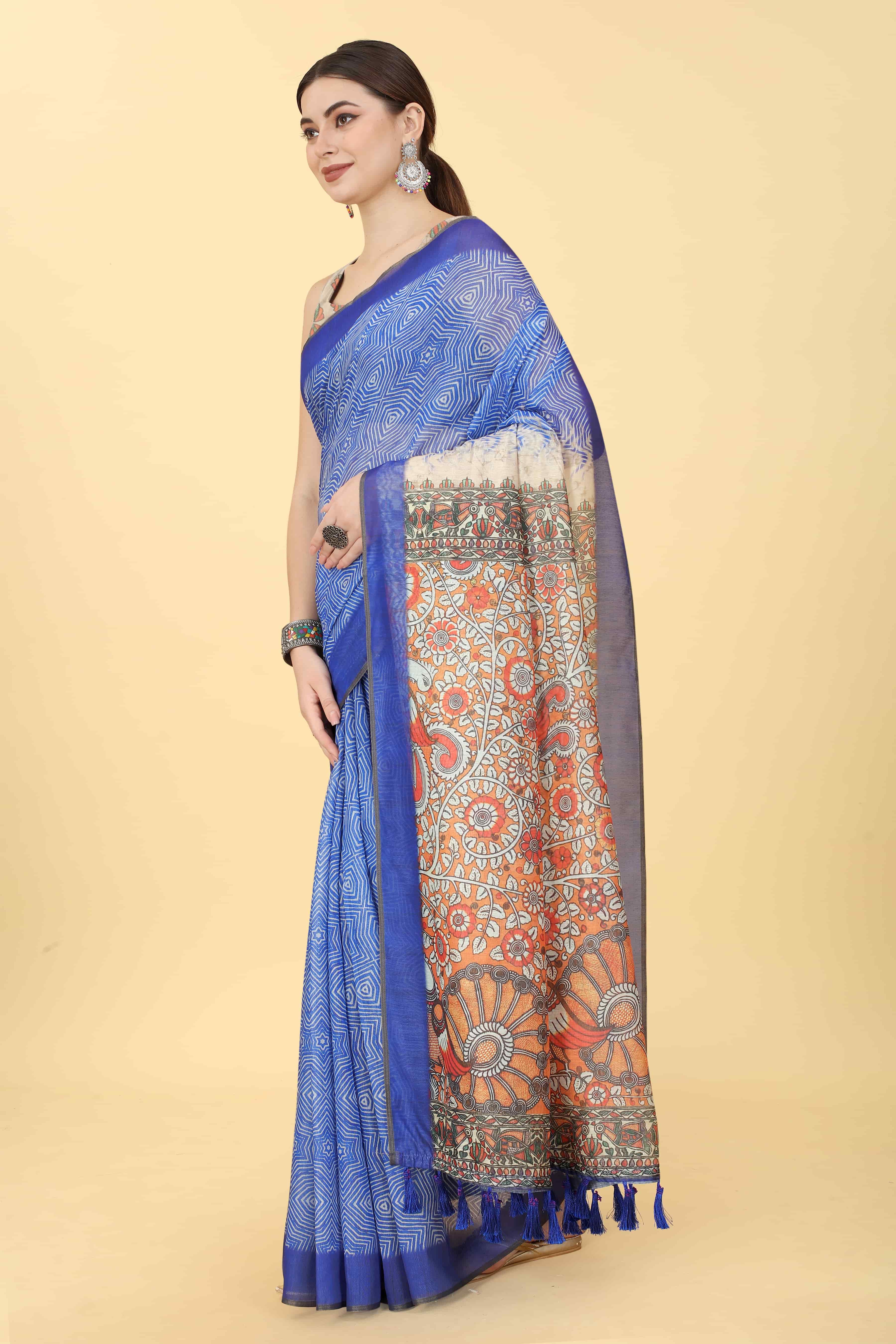 Kalamkari Digital Printed Indigo Saree