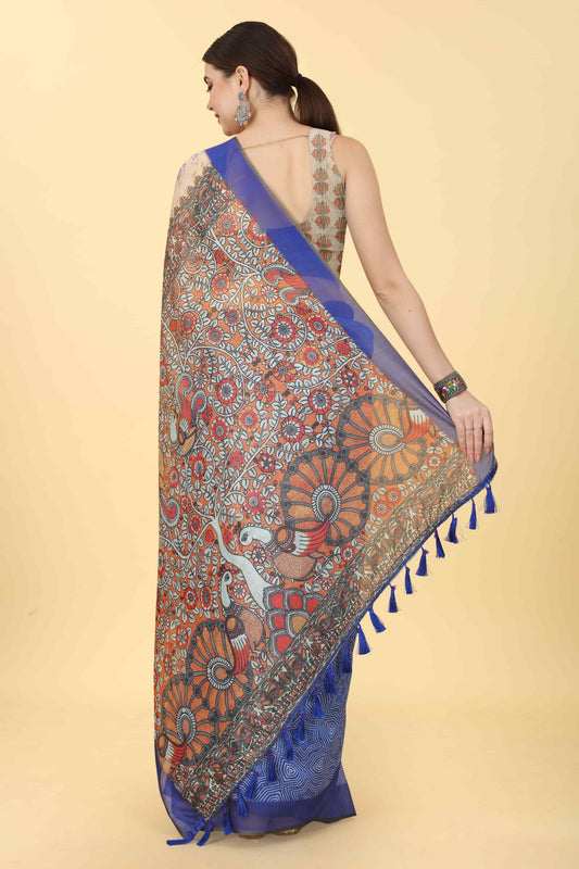 Kalamkari Digital Printed Indigo Saree