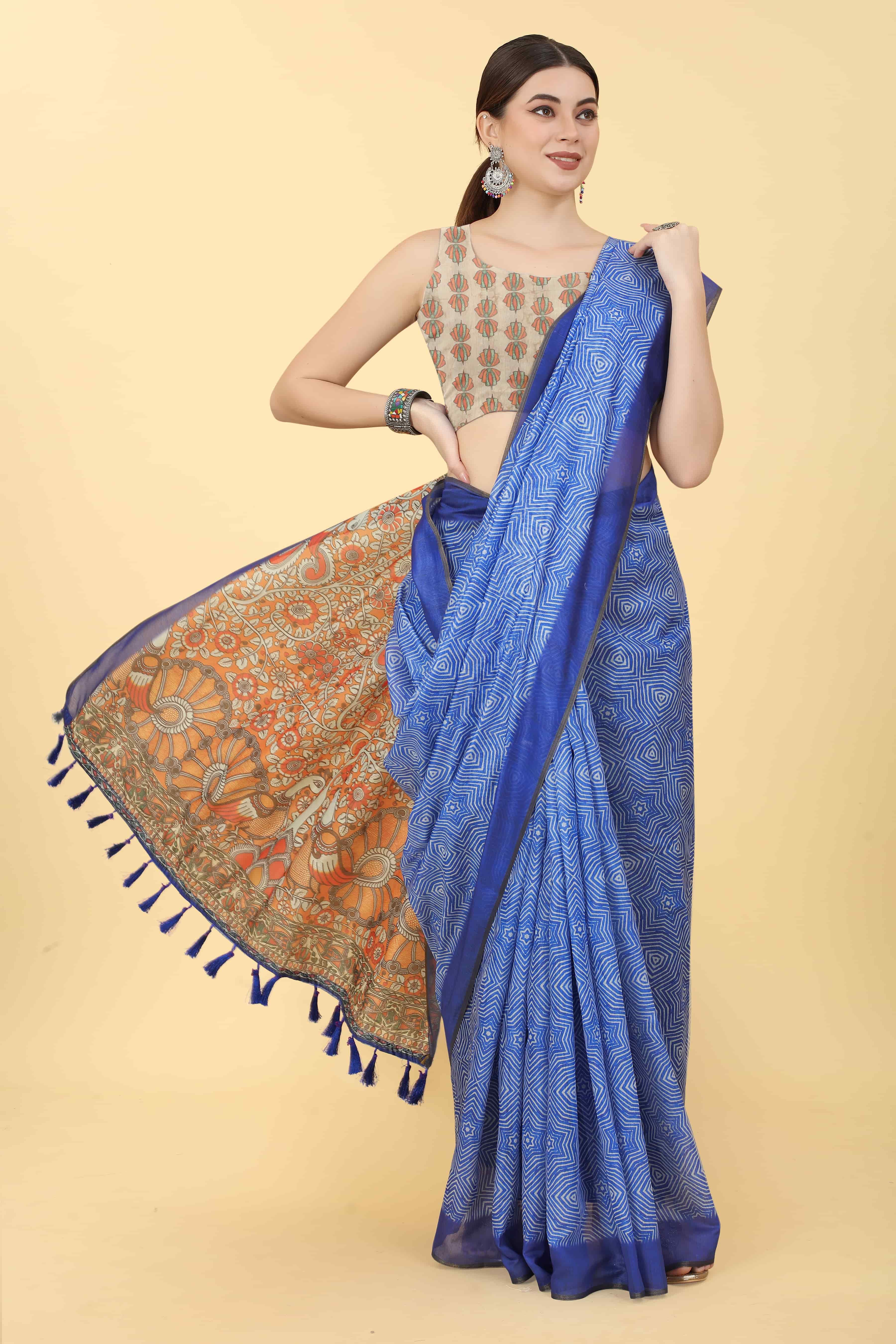 Kalamkari Digital Printed Indigo Saree