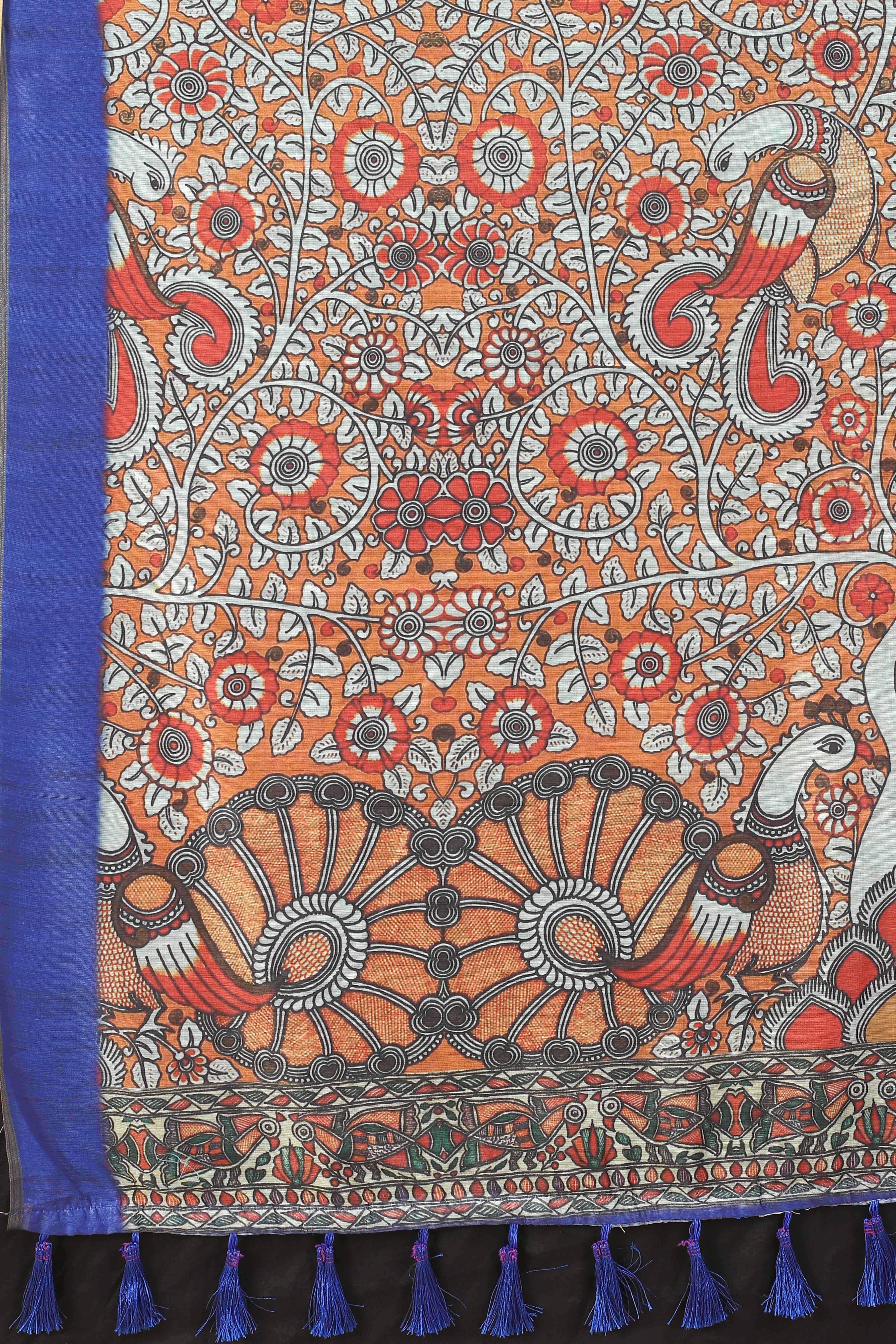Kalamkari Digital Printed Indigo Saree