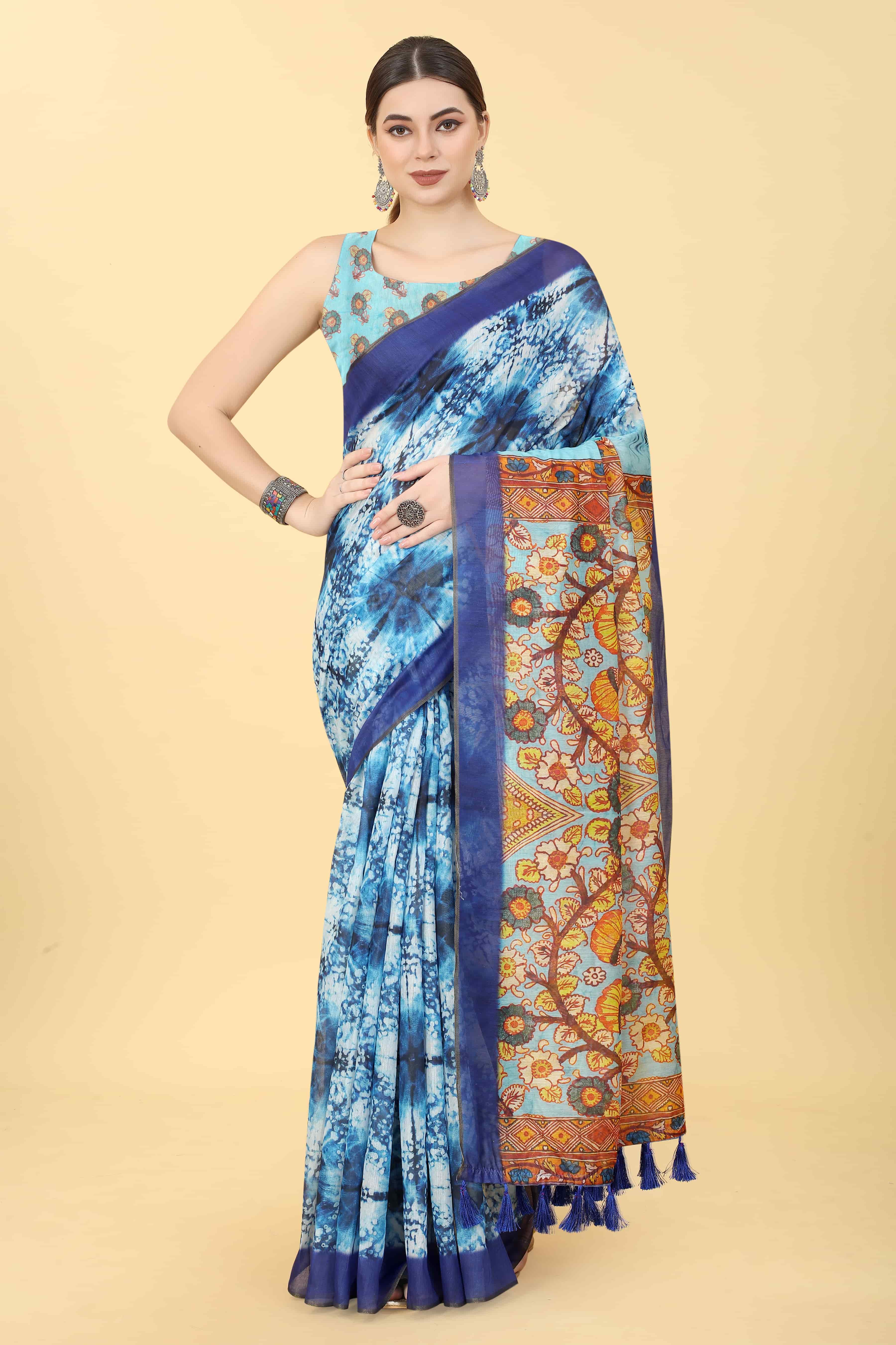Kalamkari Digital Printed Indigo Saree