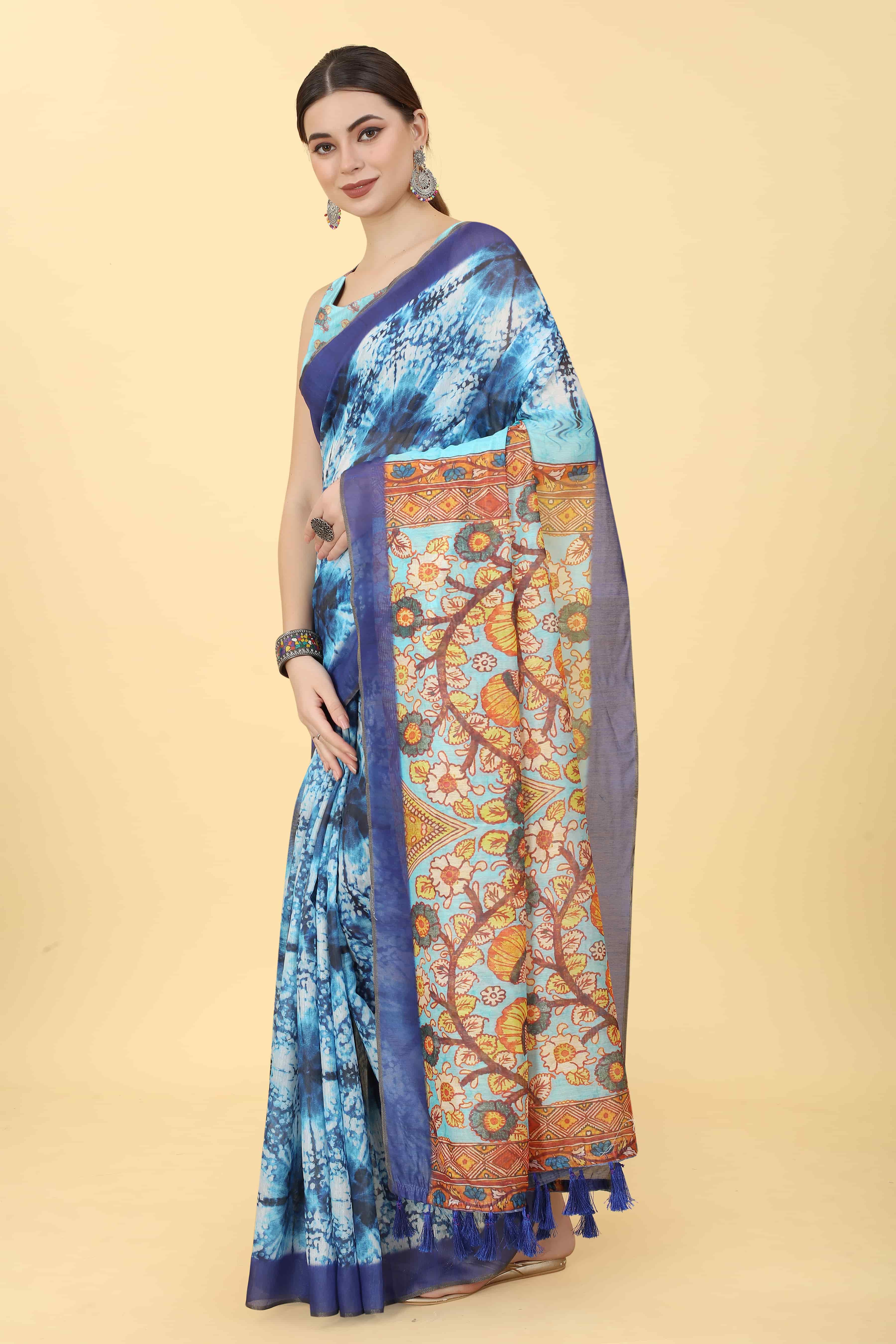 Kalamkari Digital Printed Indigo Saree