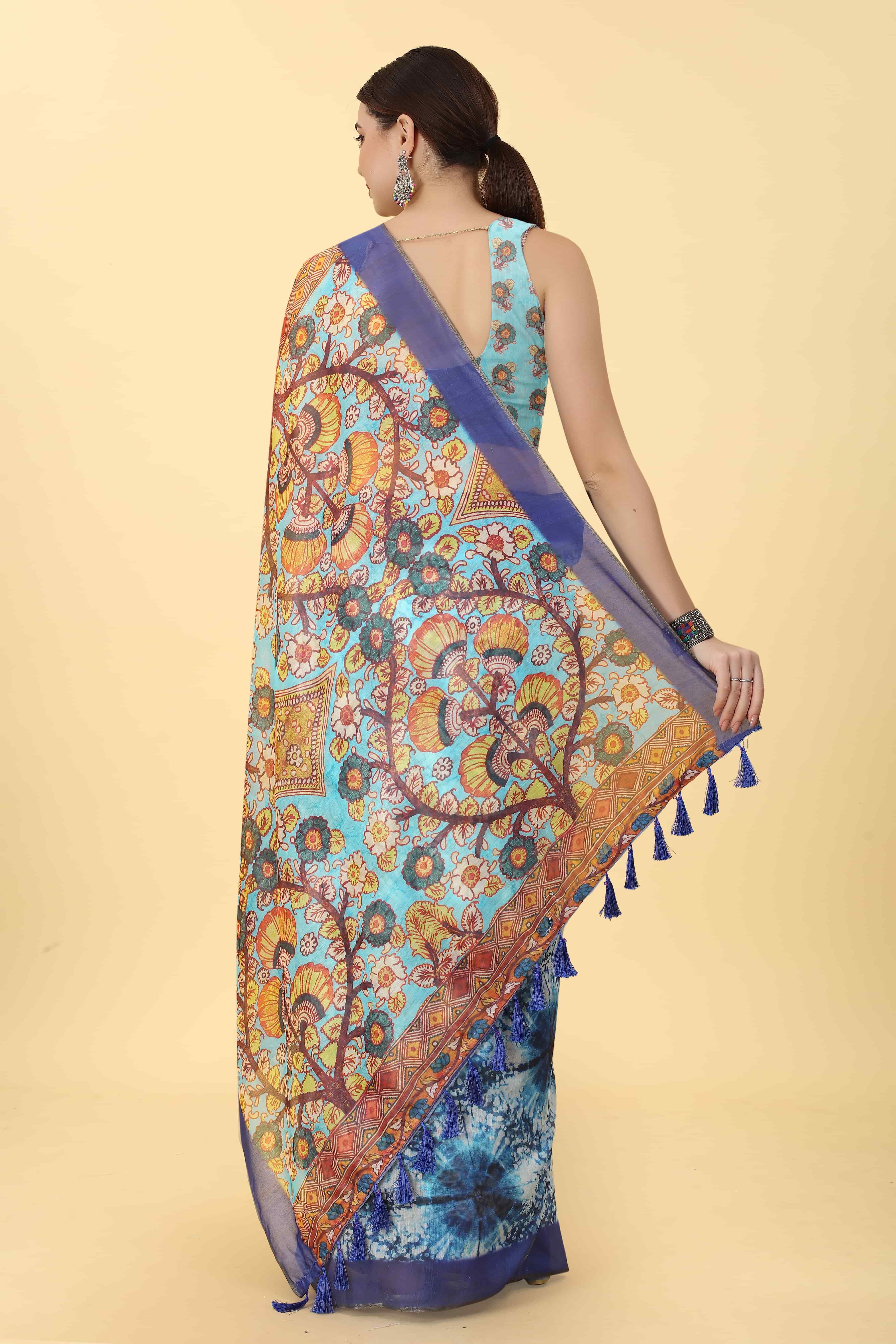 Kalamkari Digital Printed Indigo Saree