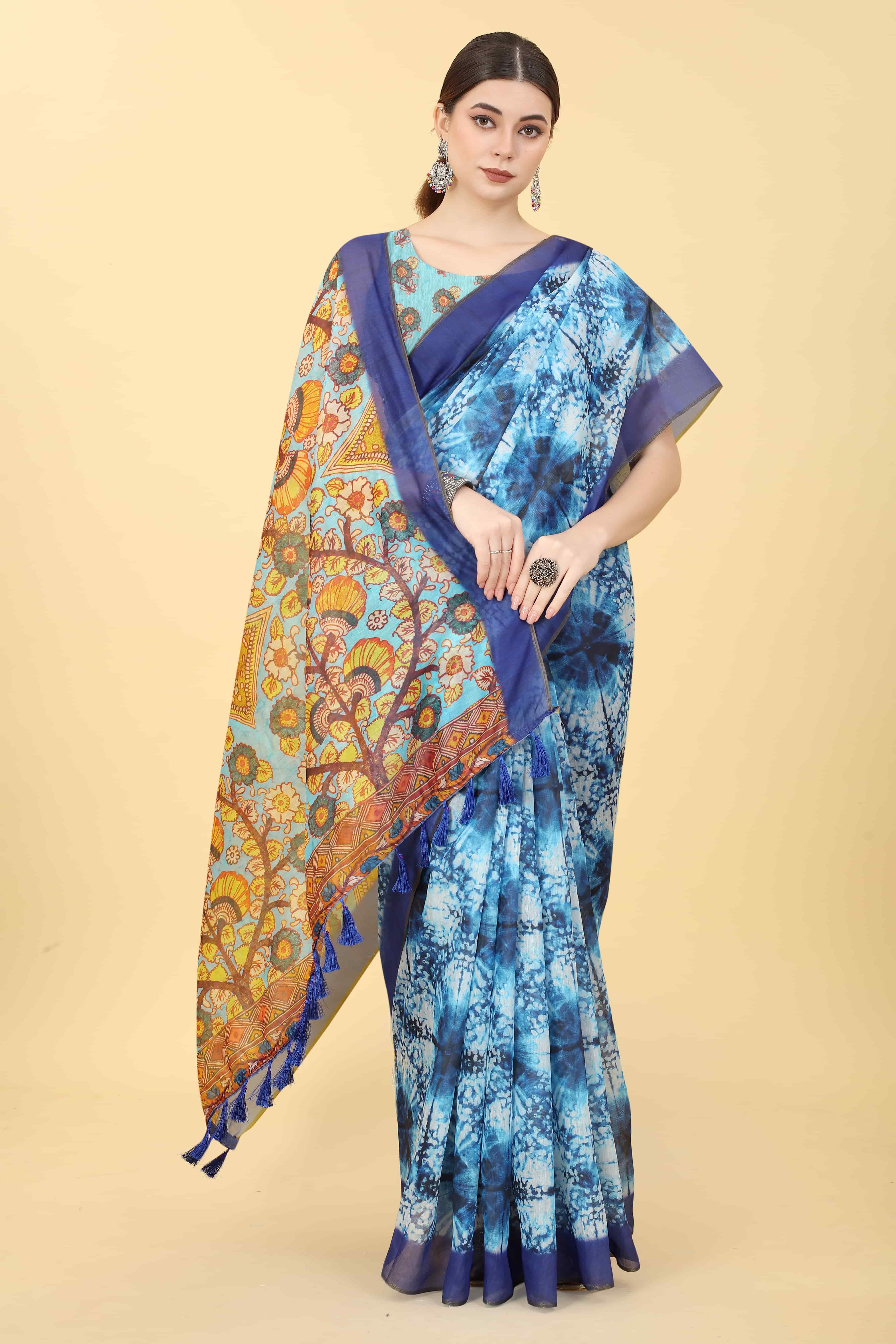 Kalamkari Digital Printed Indigo Saree