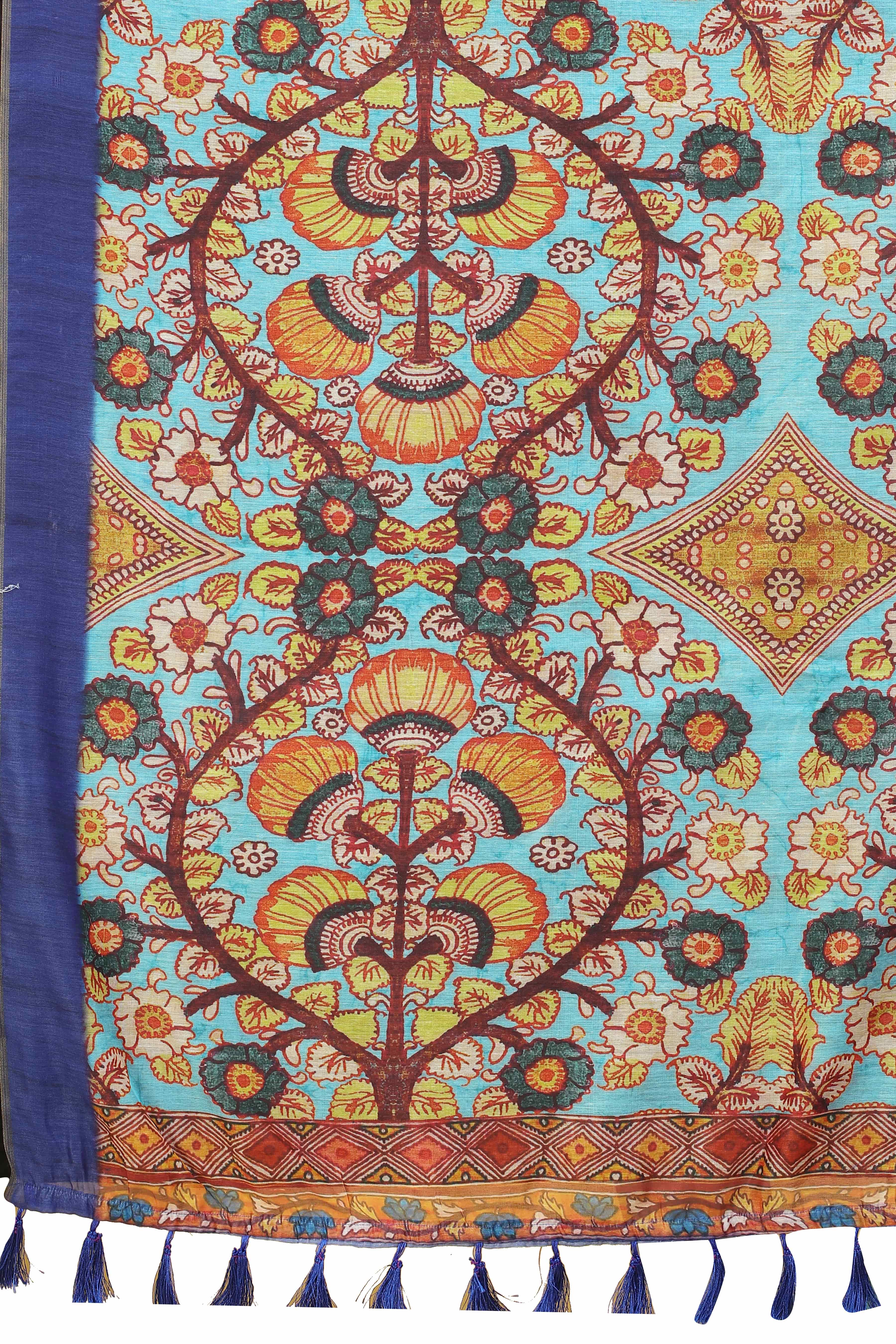 Kalamkari Digital Printed Indigo Saree