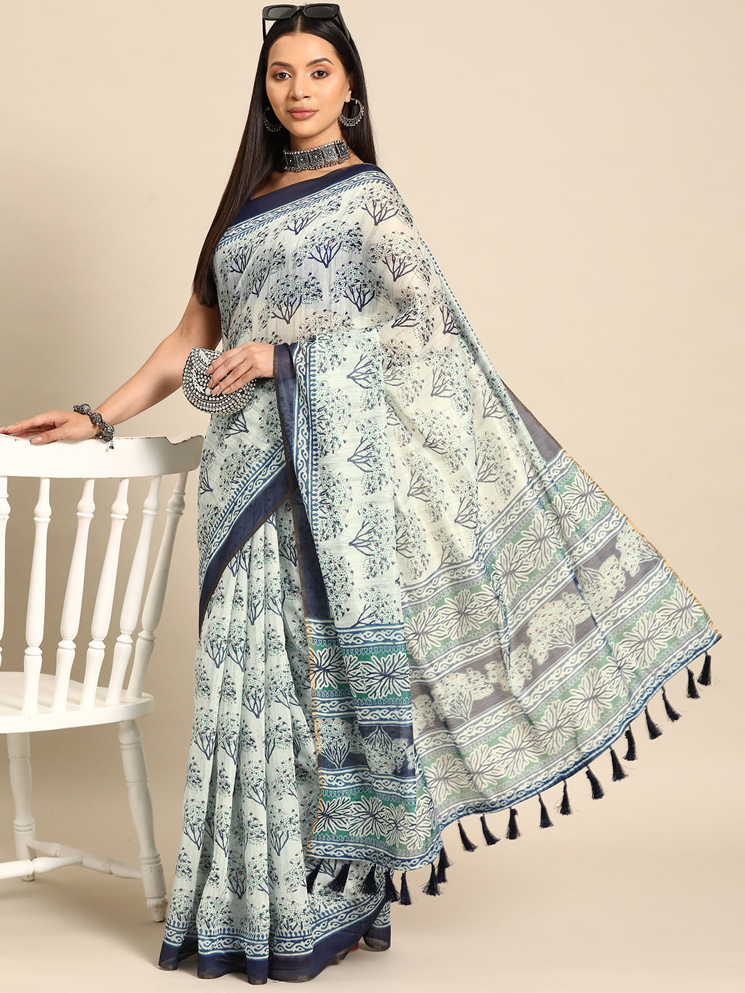 Kalamkari Digital Printed Indigo Saree