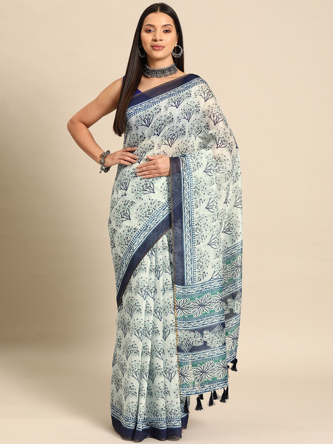 Kalamkari Digital Printed Indigo Saree