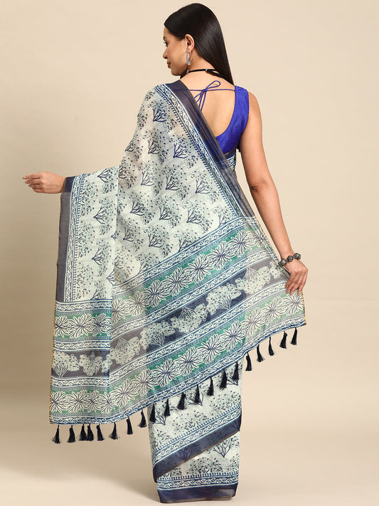 Kalamkari Digital Printed Indigo Saree