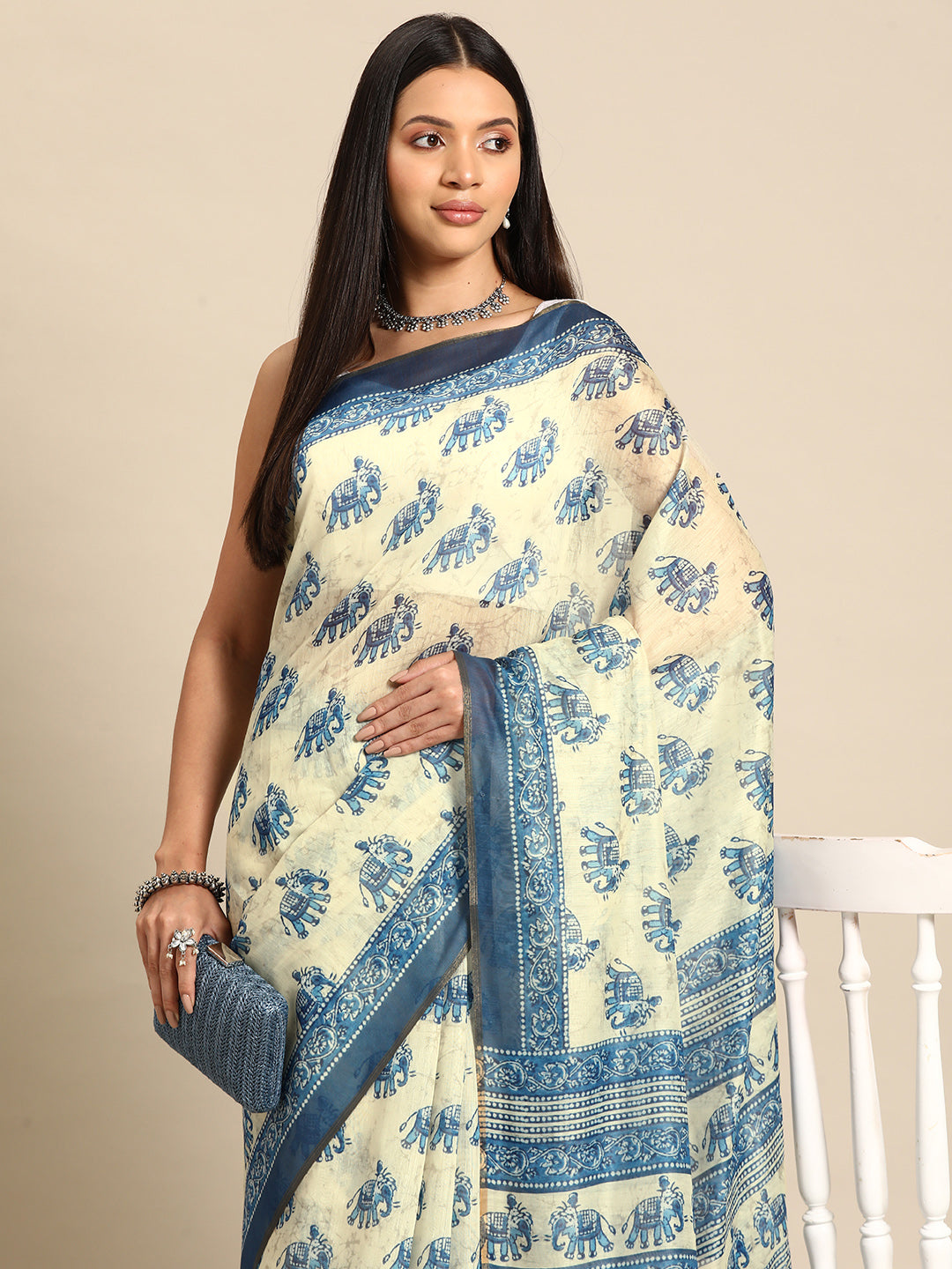 Kalamkari Digital Printed Indigo Saree