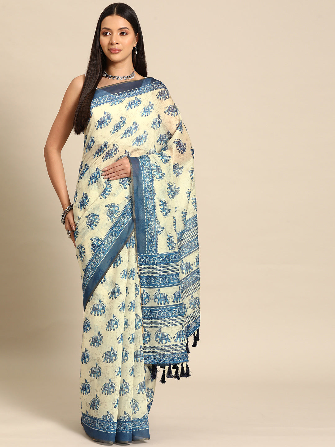 Kalamkari Digital Printed Indigo Saree