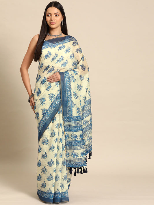Kalamkari Digital Printed Indigo Saree
