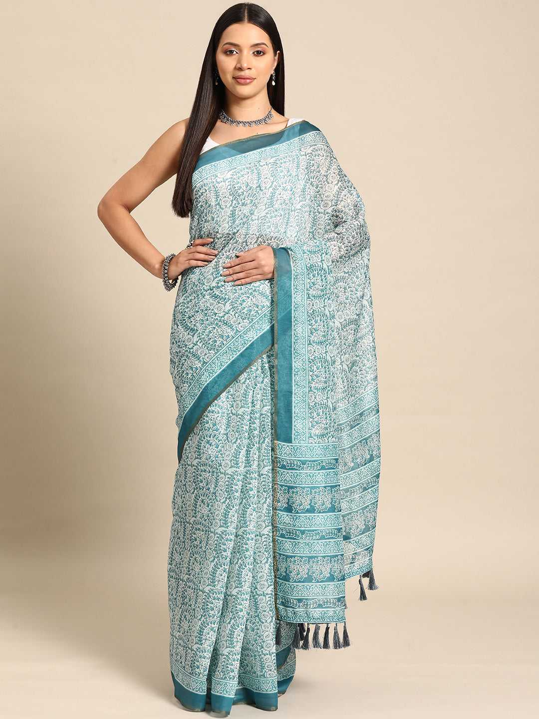 Kalamkari Digital Printed Indigo Saree