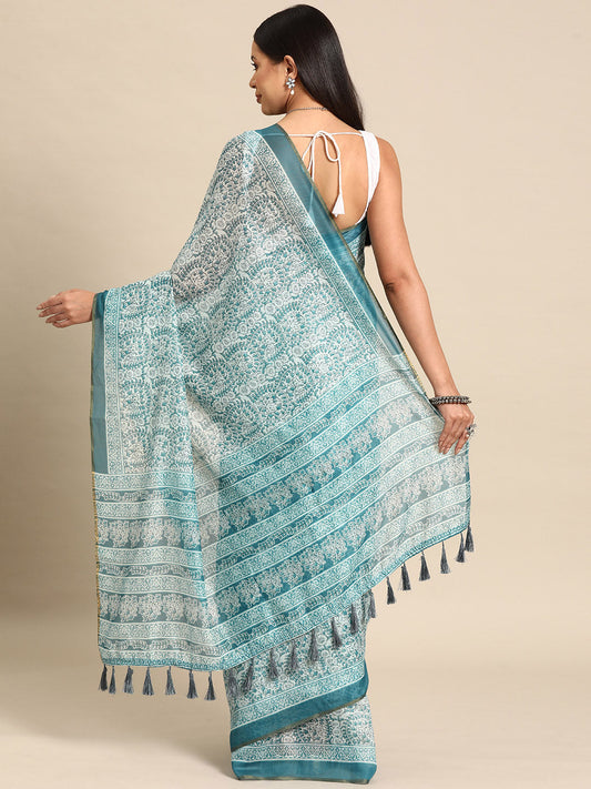 Kalamkari Digital Printed Indigo Saree