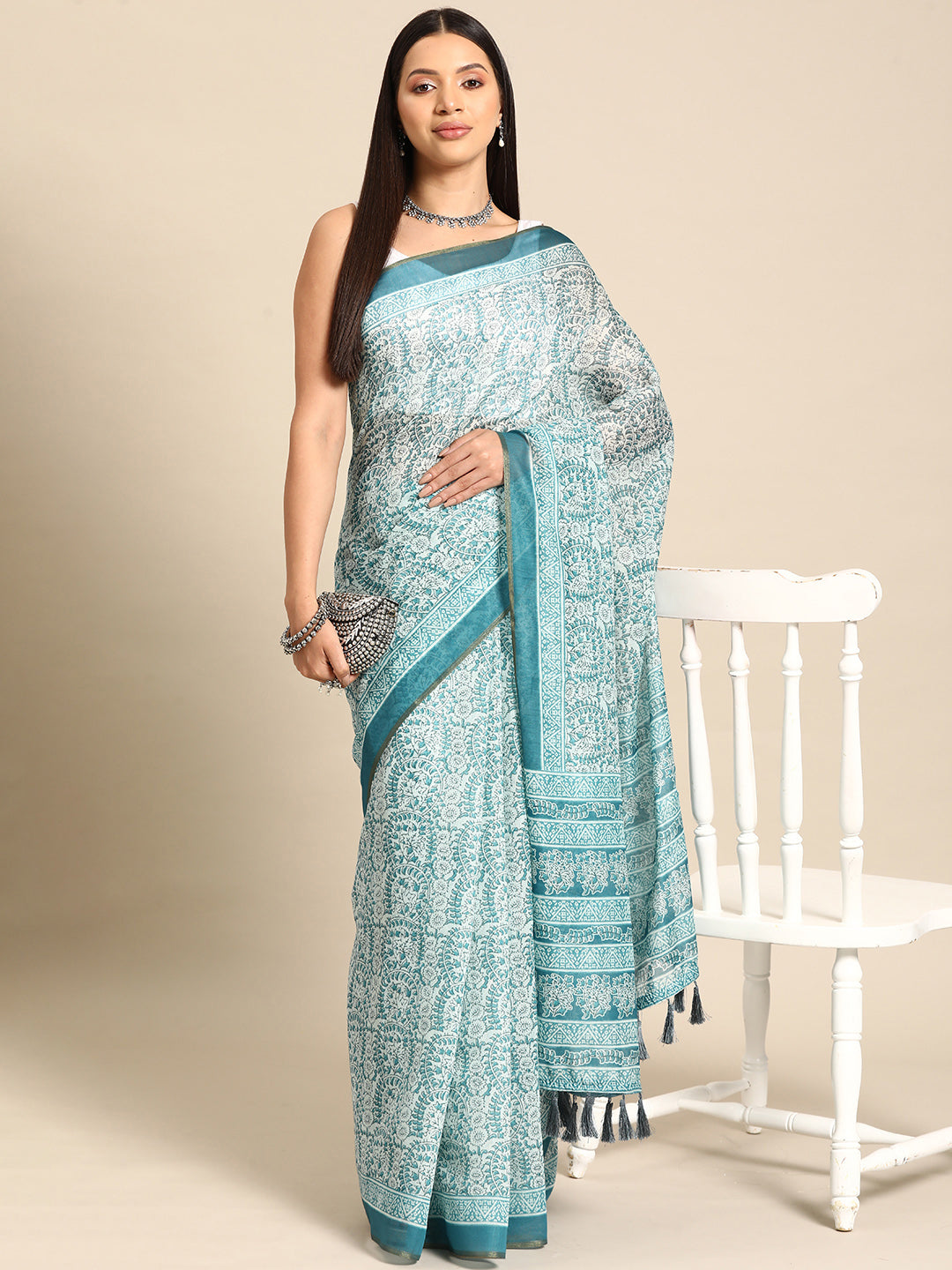 Kalamkari Digital Printed Indigo Saree