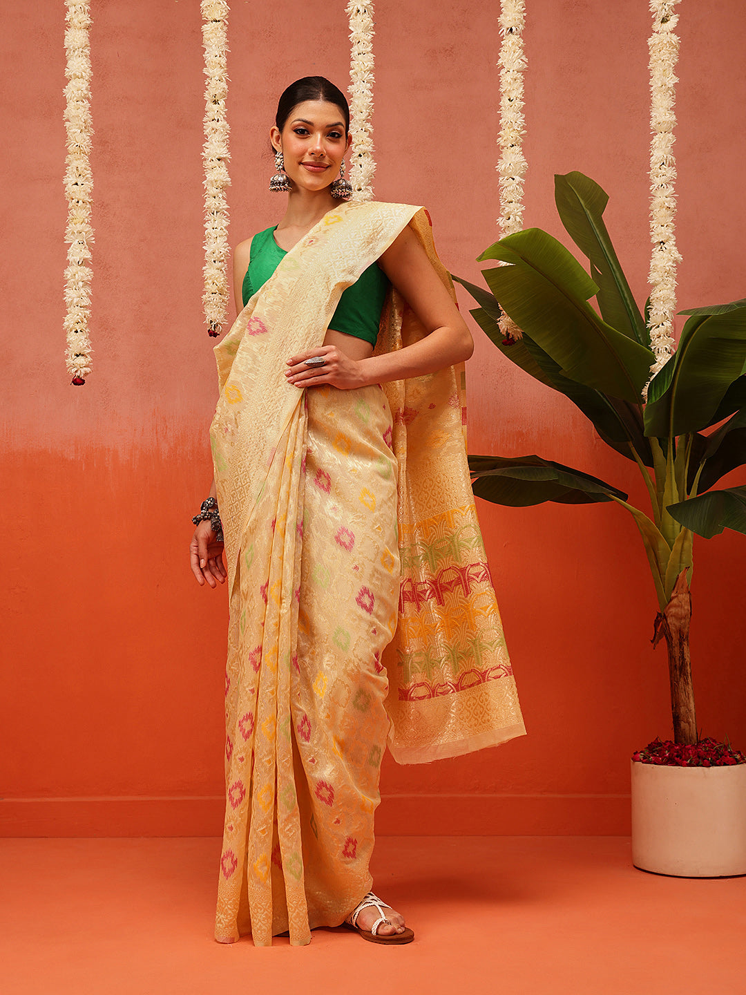 Cotton Jamdani Saree With Zari Border