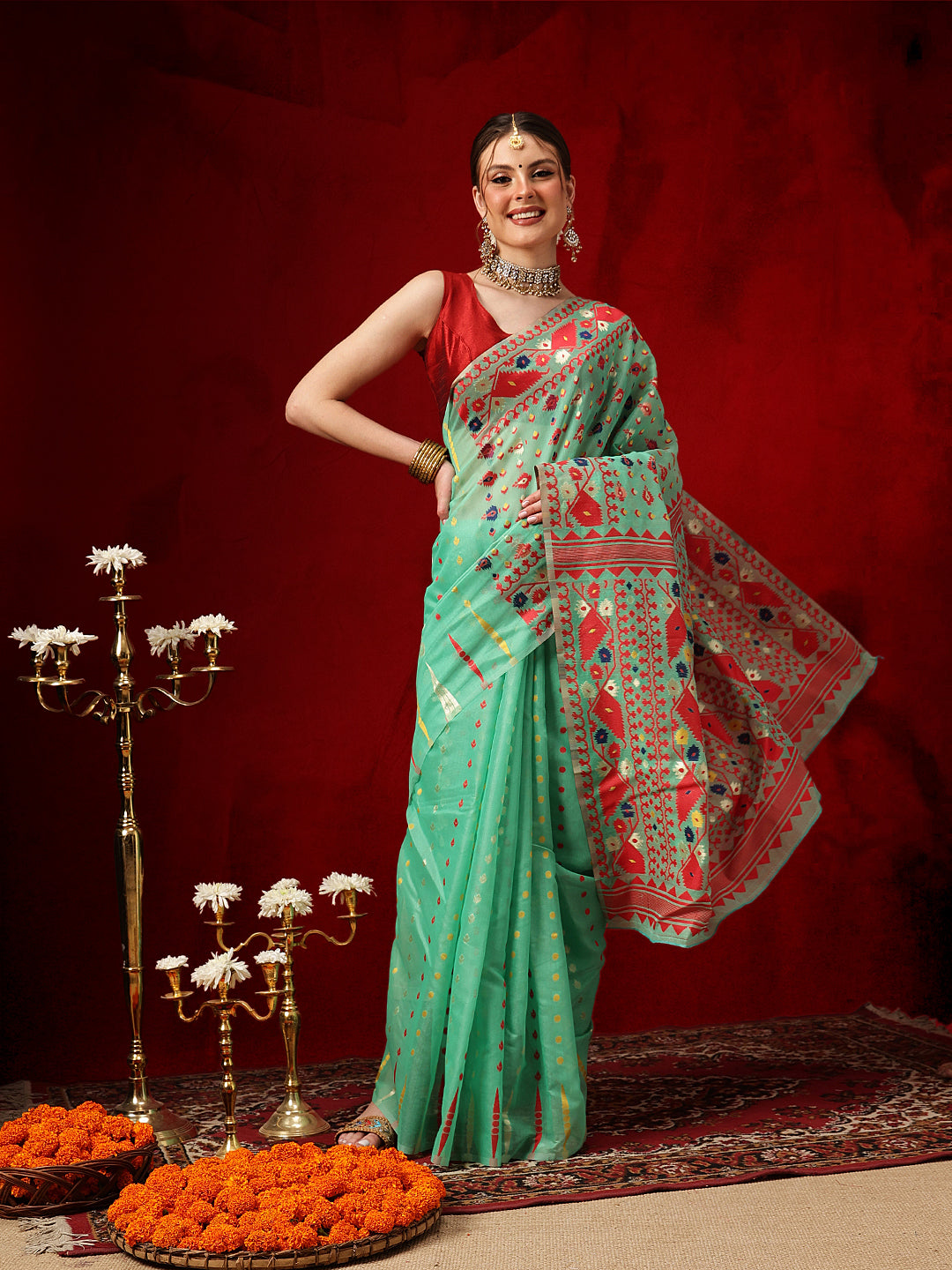 Cotton Jamdani Saree With Unstitched Blouse Piece