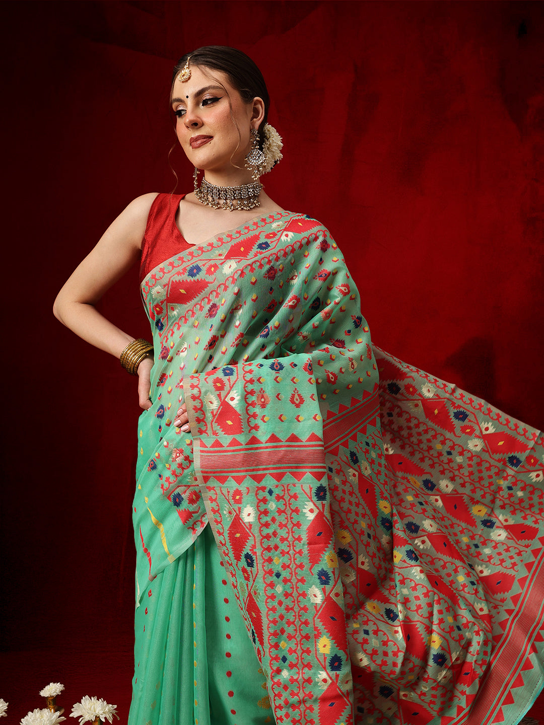 Cotton Jamdani Saree With Unstitched Blouse Piece