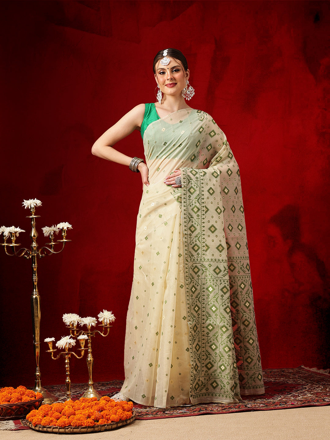 Cotton Jamdani Saree With Unstitched Blouse Piece