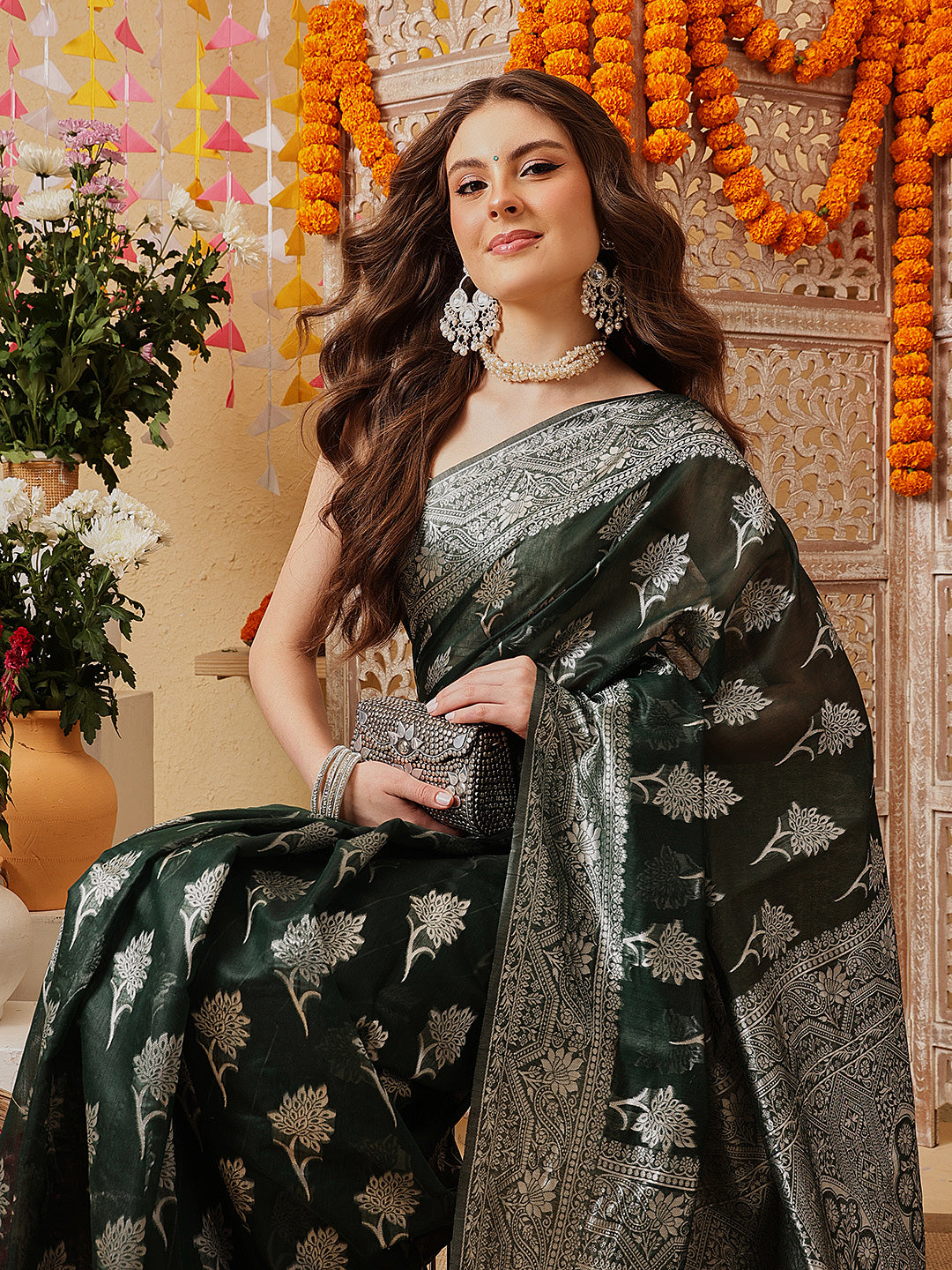 Green & Silver Threads Work Cotton Jamdani Saree