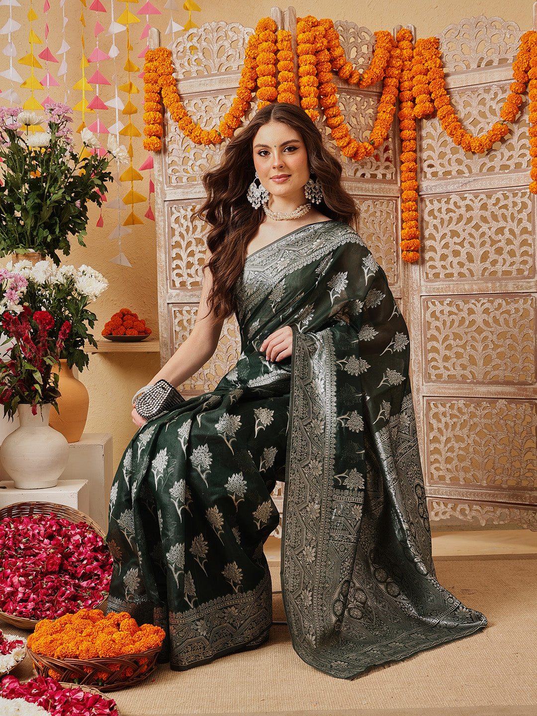 Green & Silver Threads Work Cotton Jamdani Saree