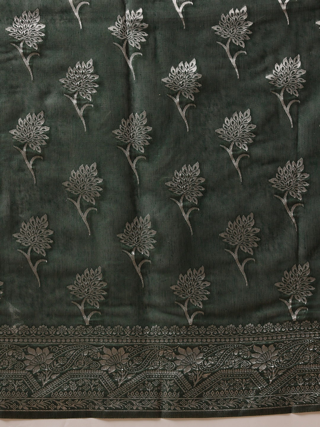 Green & Silver Threads Work Cotton Jamdani Saree