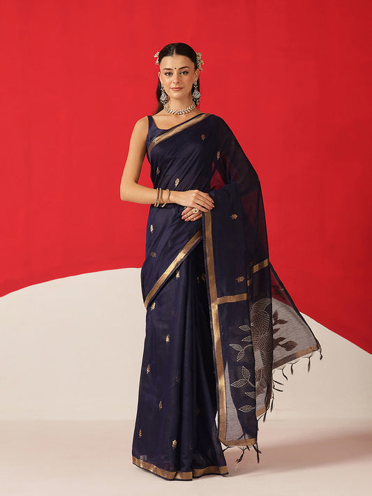 Cotton Dhakai Jamdani Saree With Small Zari Border & Tassels