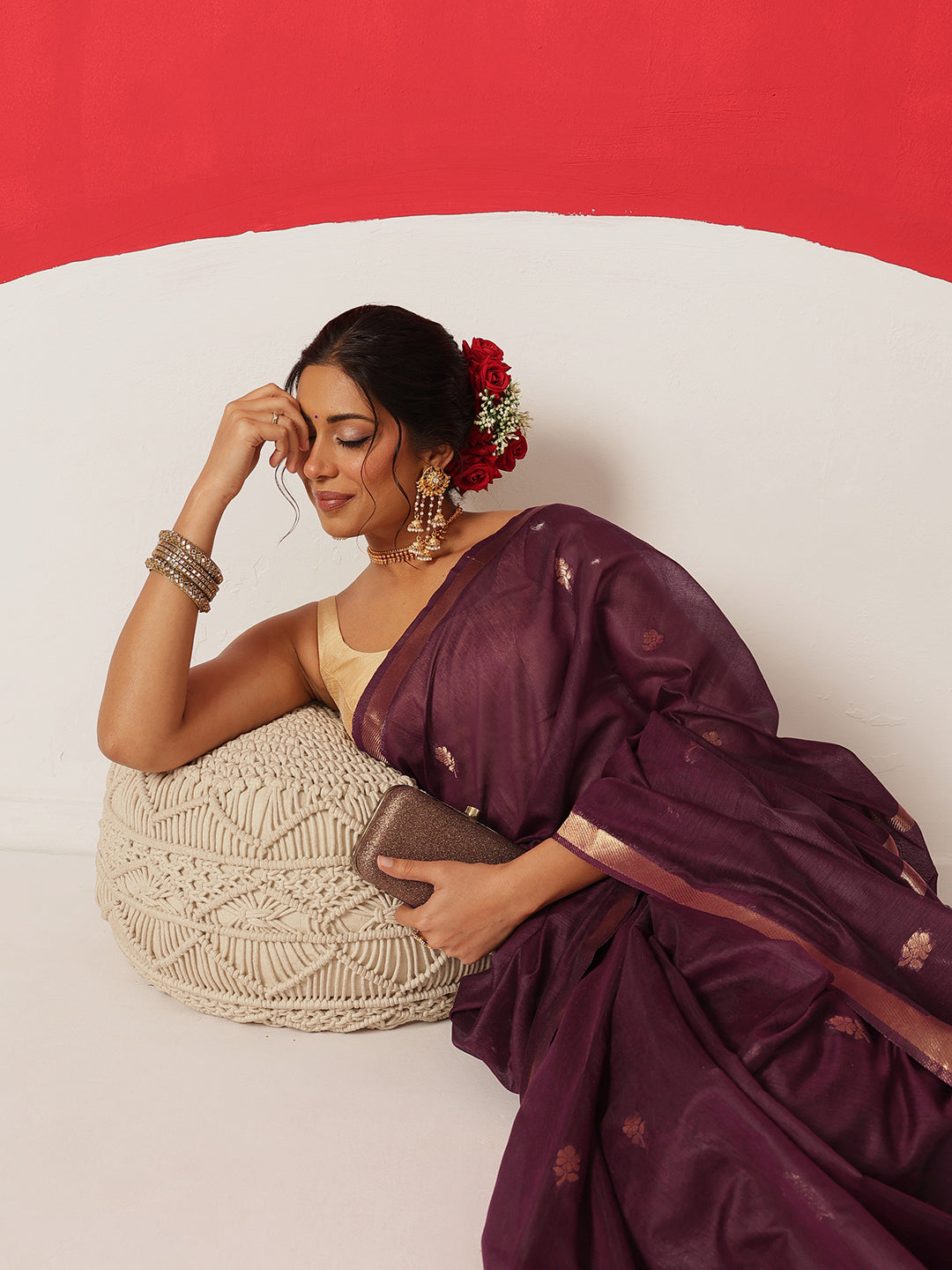 Cotton Dhakai Jamdani Saree With Small Zari Border & Tassels