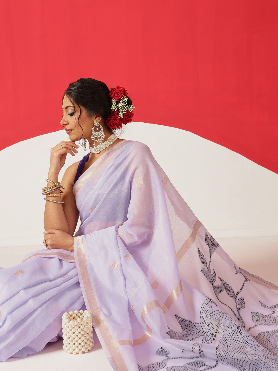 Light Color Jamdani Saree With Small Zari Border & Tassels