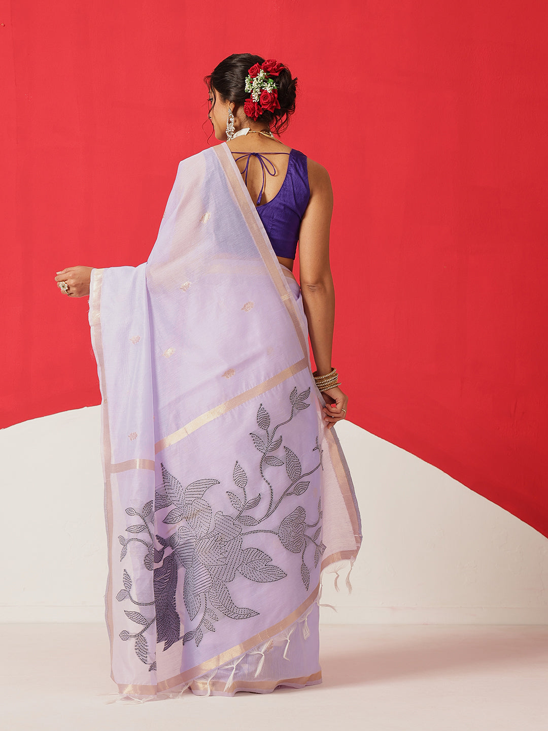 Light Color Jamdani Saree With Small Zari Border & Tassels