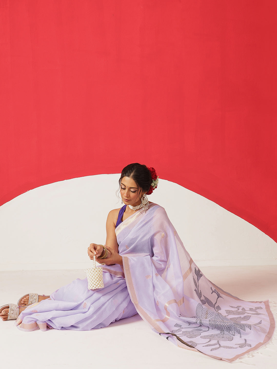 Light Color Jamdani Saree With Small Zari Border & Tassels