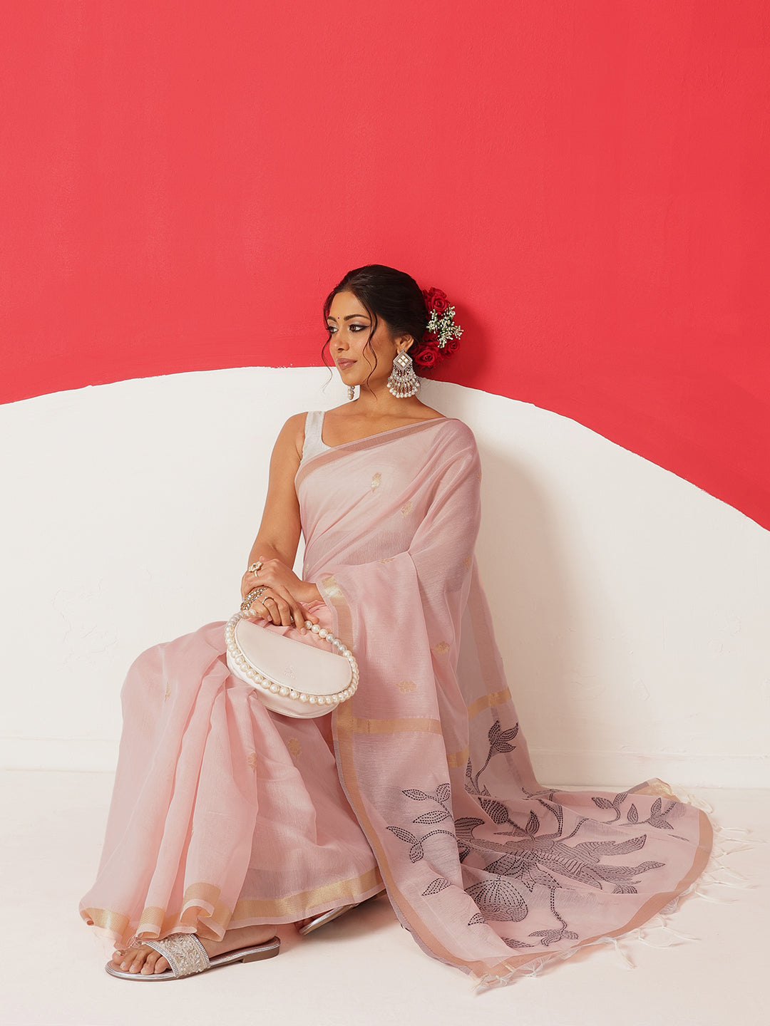 Light Color Jamdani Saree With Small Zari Border & Tassels