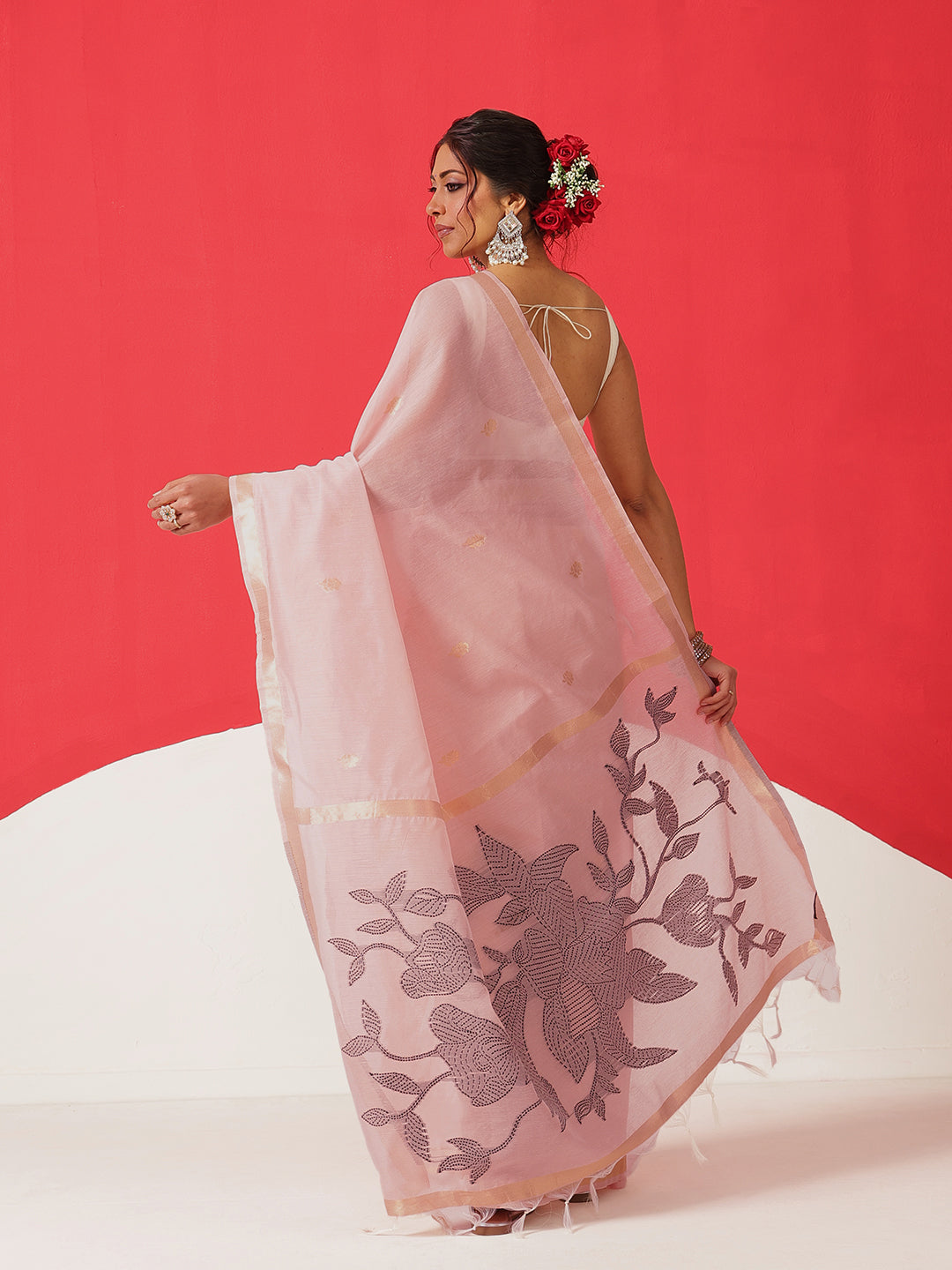 Light Color Jamdani Saree With Small Zari Border & Tassels