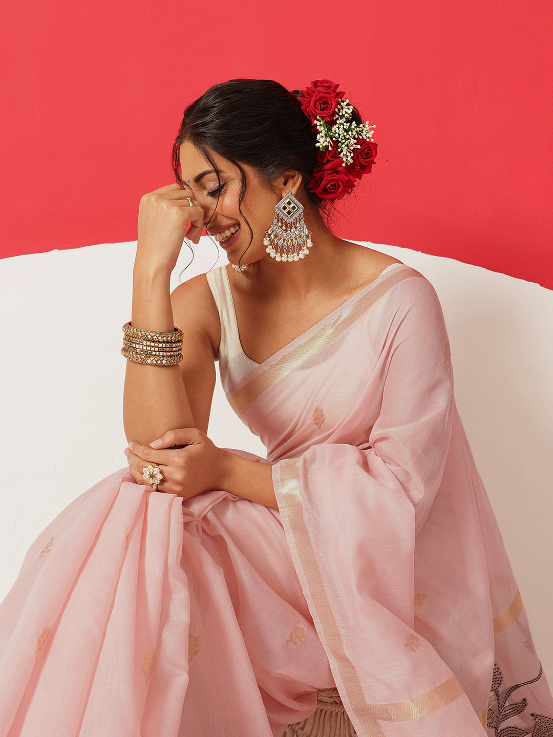 Light Color Jamdani Saree With Small Zari Border & Tassels