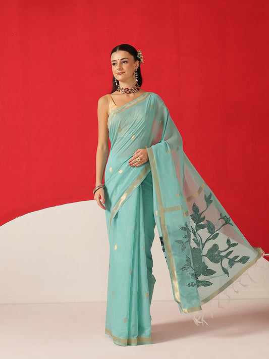 Light Color Jamdani Saree With Small Zari Border & Tassels