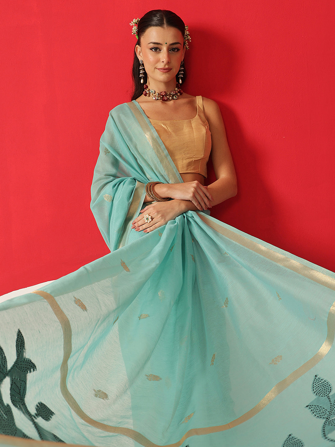 Light Color Jamdani Saree With Small Zari Border & Tassels
