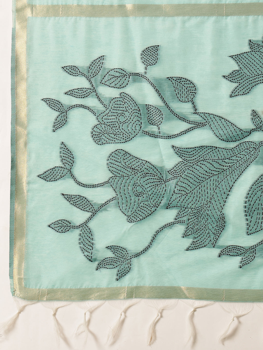 Light Color Jamdani Saree With Small Zari Border & Tassels