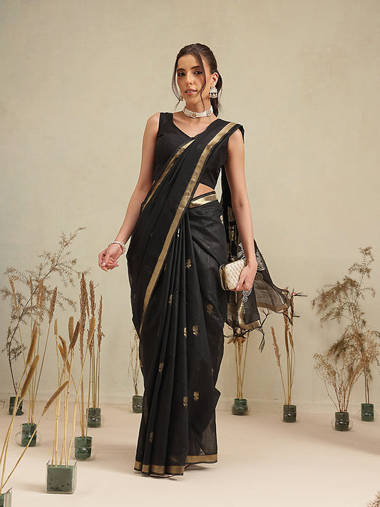 Cotton Blend Woven Design Handloom Premium Jamdani Saree With Tassels