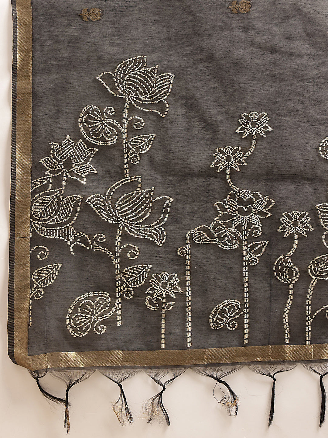 Cotton Blend Woven Design Handloom Premium Jamdani Saree With Tassels