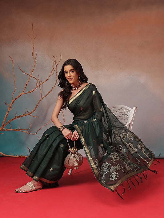 Cotton Blend Woven Design Handloom Premium Jamdani Saree With Tassels